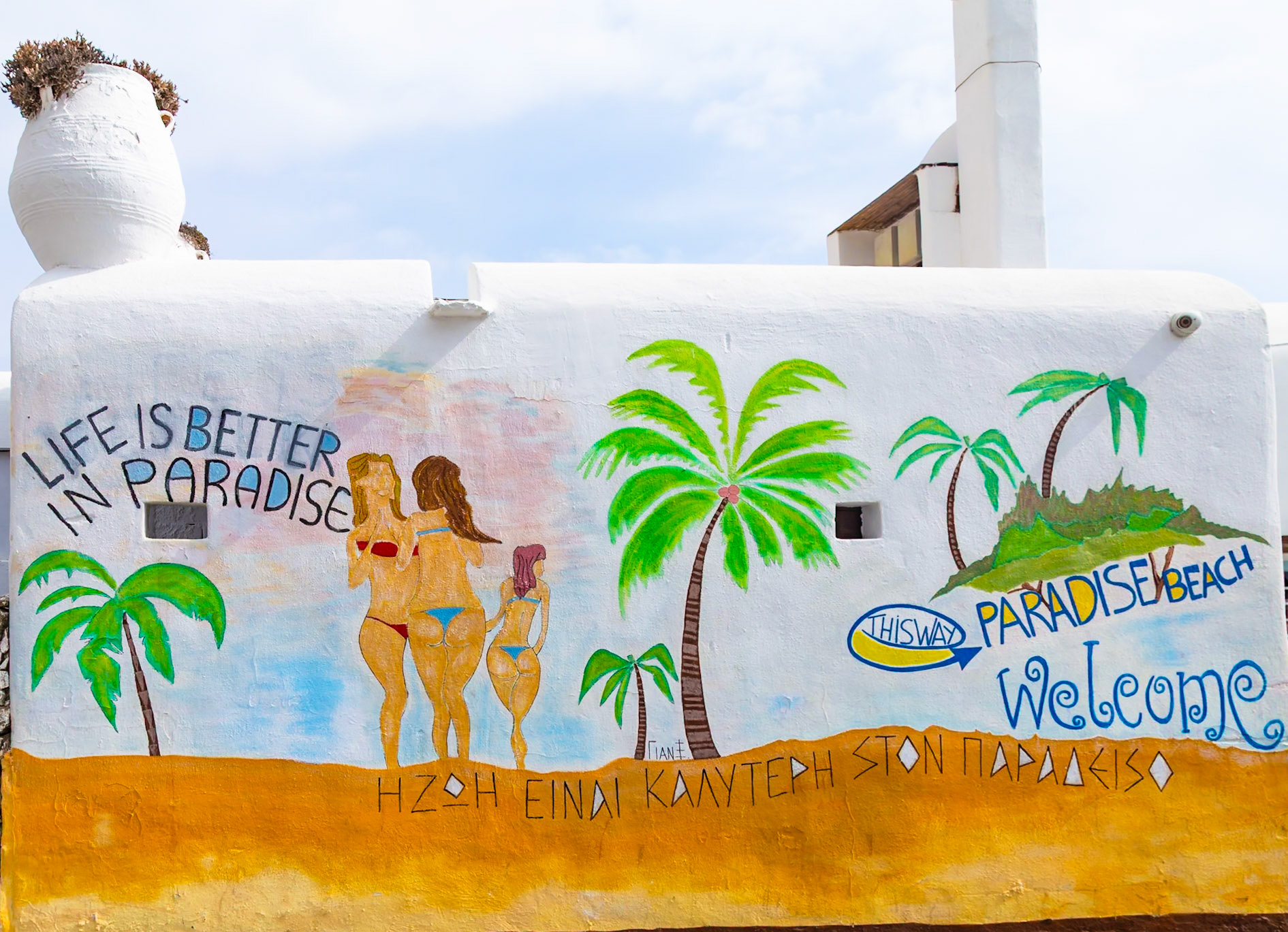 Paradise Beach, Mykonos, Greece - May 24th 2018: A mural welcomes visitors, depicting palm trees and women in bikinis, promoting the beach's idyllic setting.