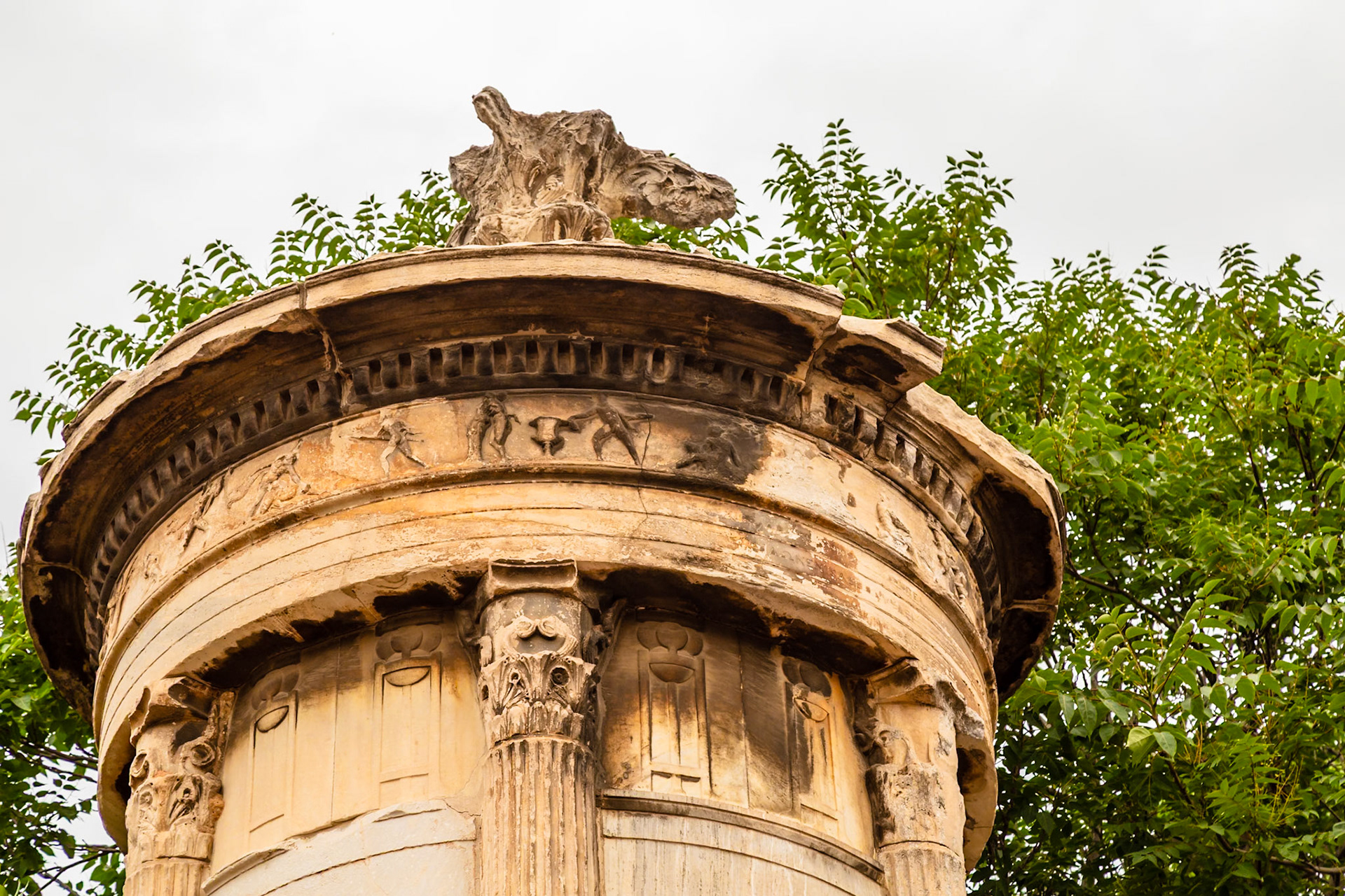 Athens, Greece - May 23rd 2018: A low angle shot of the Monument of Lysicrates, built by the choregos Lysicrates, a wealthy patron of musical performances.