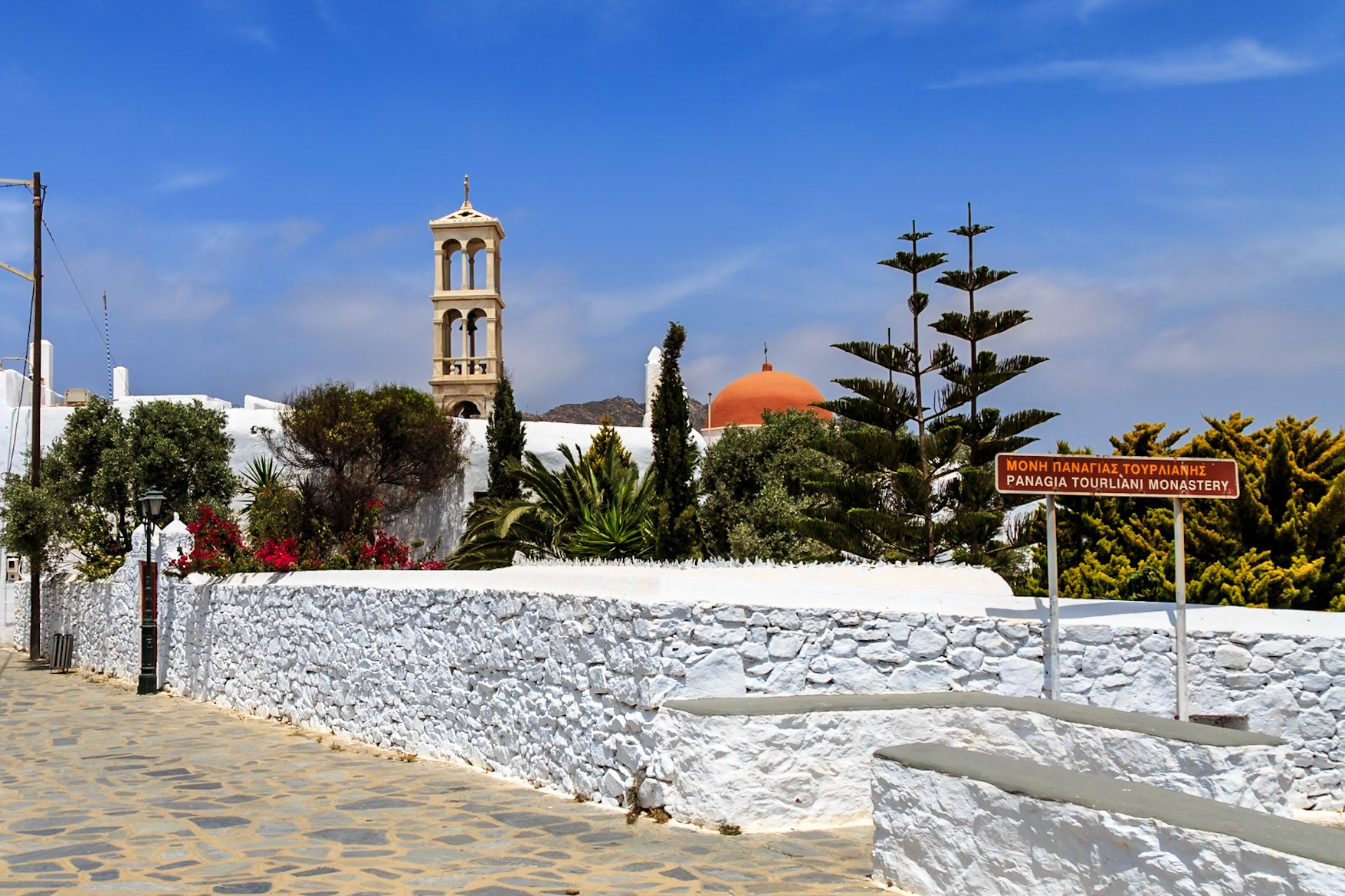 Mykonos, Greece - May 22nd 2018: A view of the Panagia Tourliani Monastery, showcasing its architecture and serene surroundings.