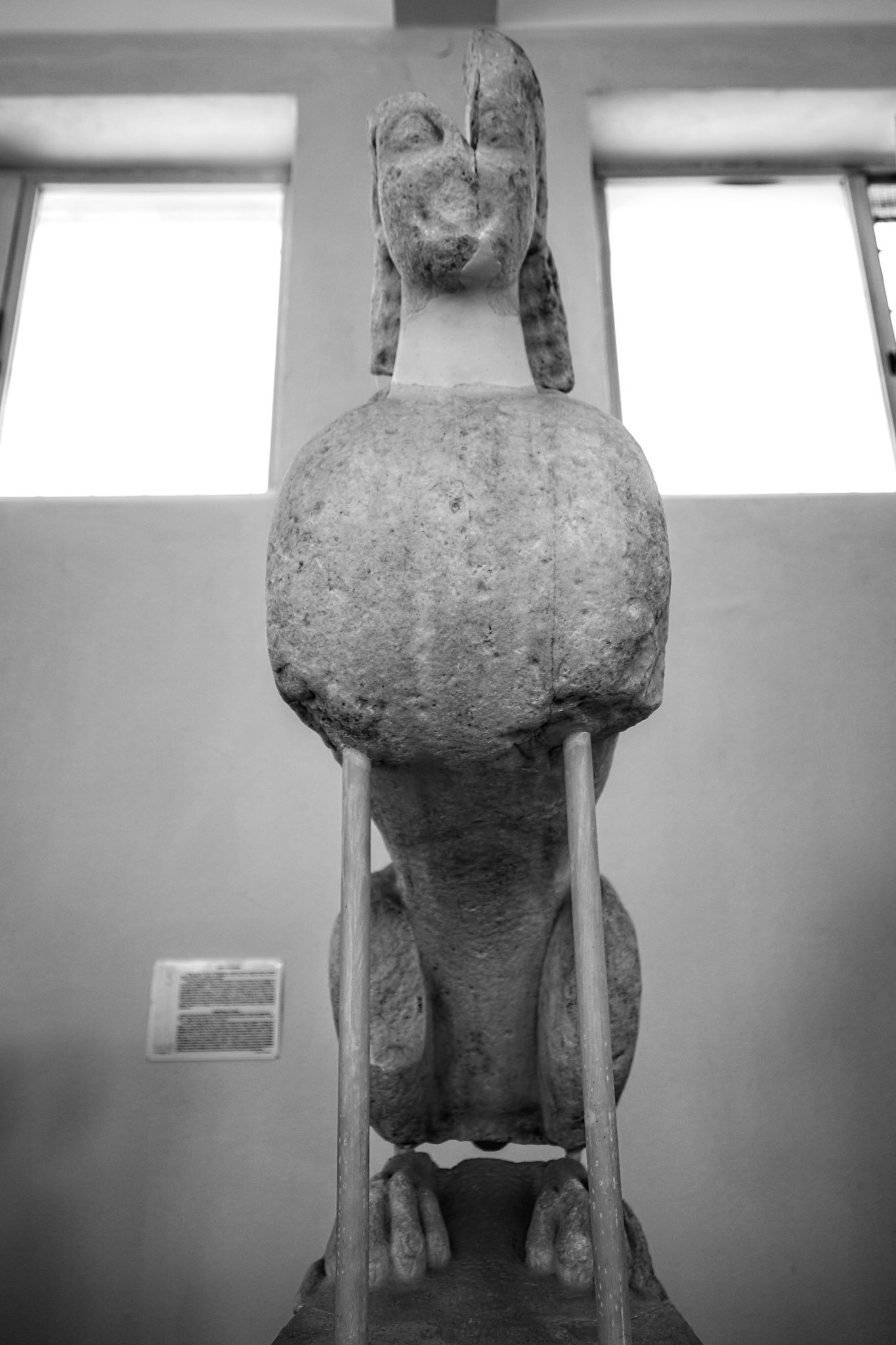 Delos, Greece - May 22nd 2018: A weathered statue of a sphinx stands on display, its face worn by time, offering a glimpse into ancient Greek artistry and mythology.