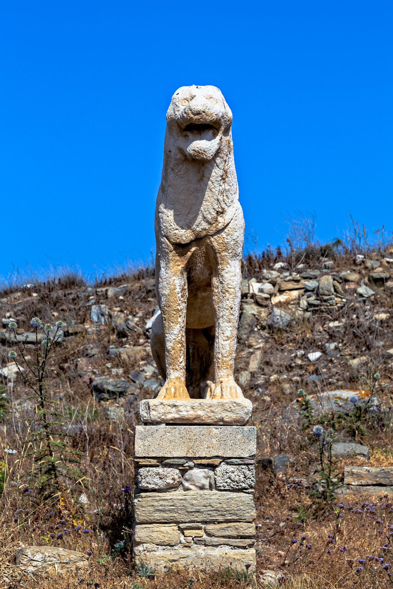 Delos, Greece - May 22nd 2018: A stone lion statue stands guard on Delos, part of the Terrace of the Lions, built around 600 BC to honor Apollo.
