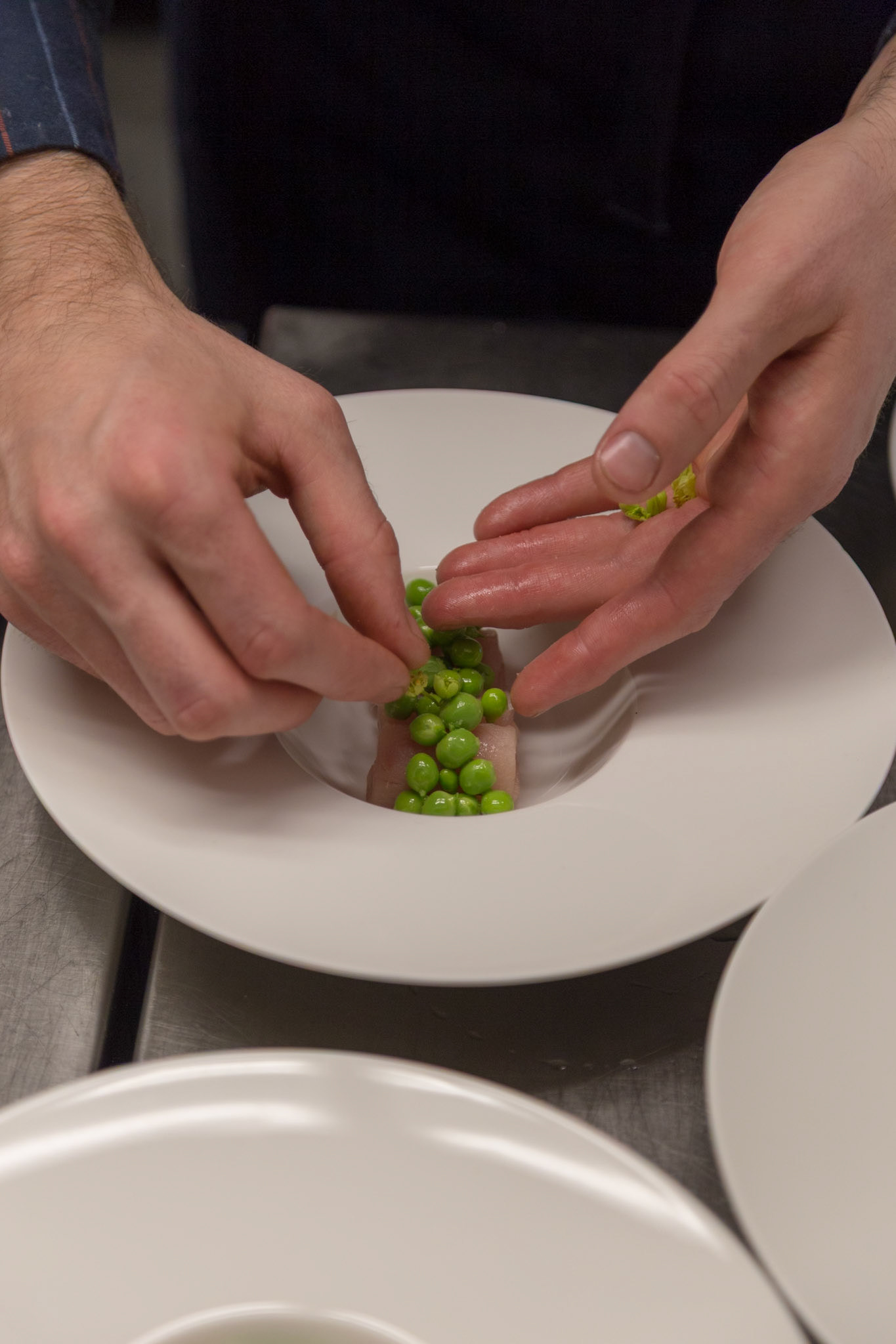 Fog Lark, Portland, Oregon - April 6th 2018: A chef meticulously plates a dish, adding fresh peas to a piece of fish for a visually appealing meal.