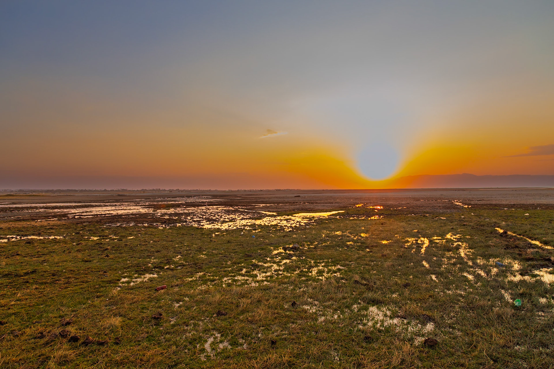 Lake Eyasi, Tanzania - September 27th 2025: A flock of flamingos forage in the shallow waters at sunset.