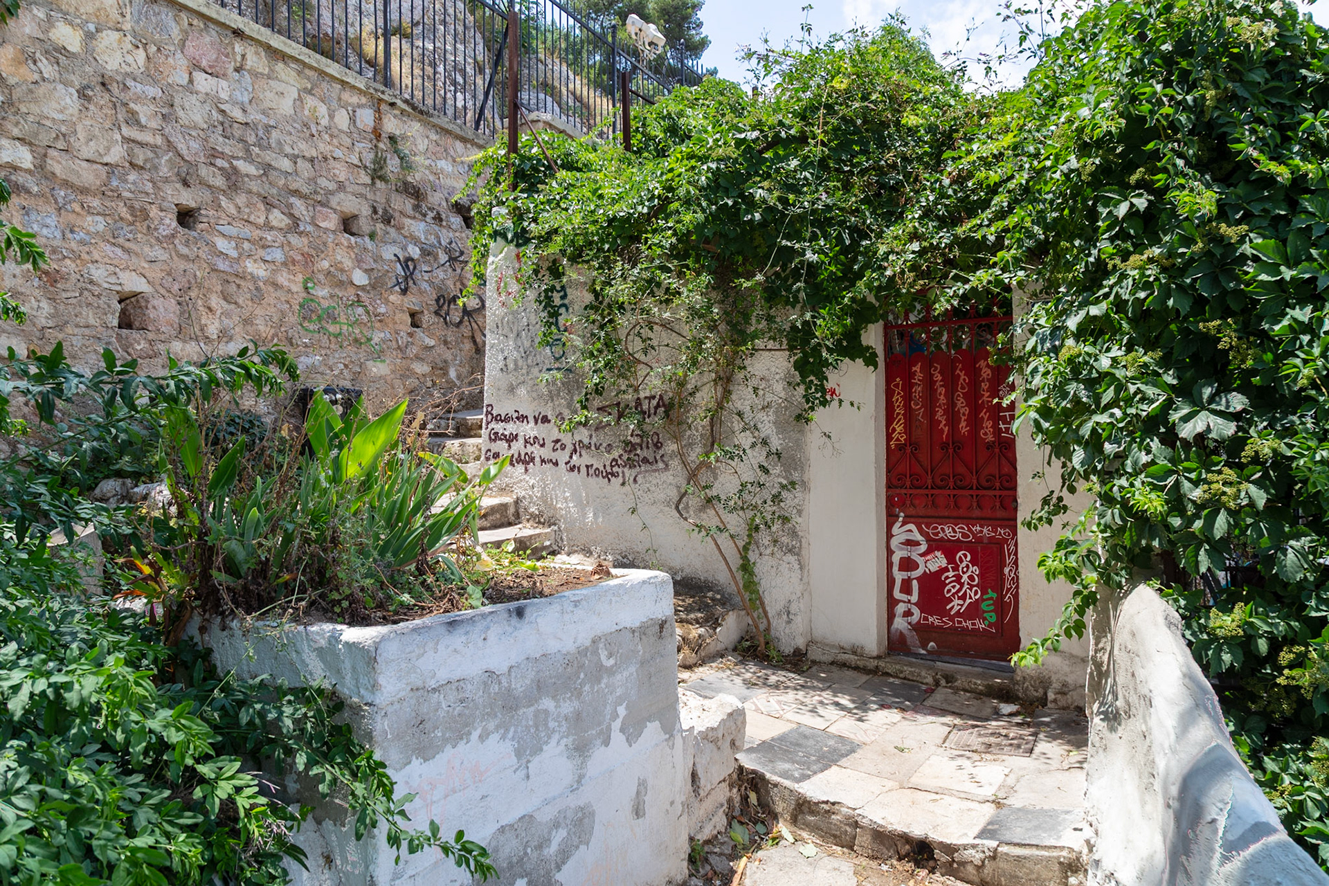 Athens, Greece - May 23rd 2018: A red door covered in graffiti is surrounded by lush greenery, creating a hidden entrance to a secret garden.