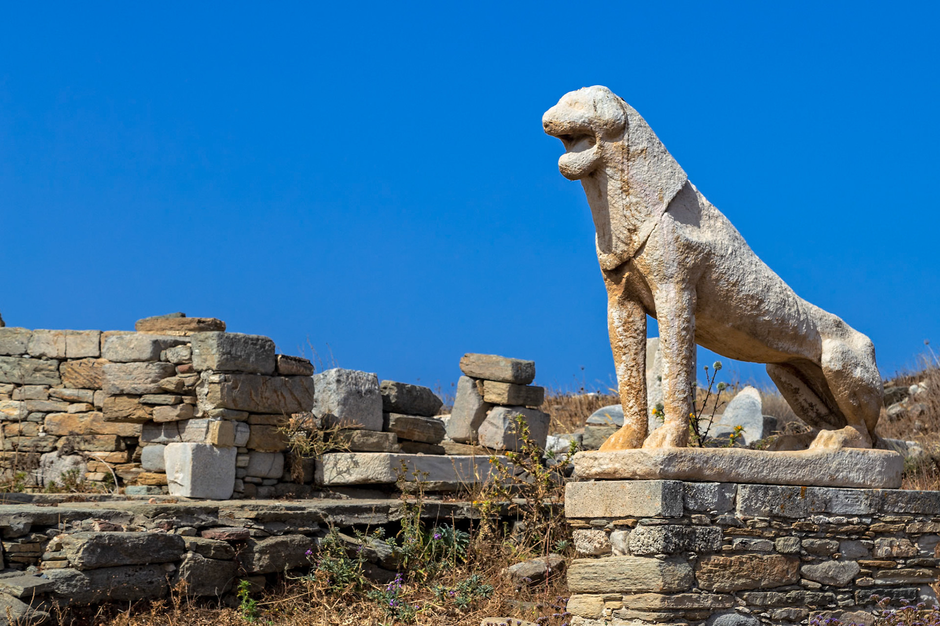 Delos, Greece - May 22nd 2018: A weathered marble lion statue stands guard among the ruins of the Sanctuary of Apollo, a testament to Delos's rich mythological past.