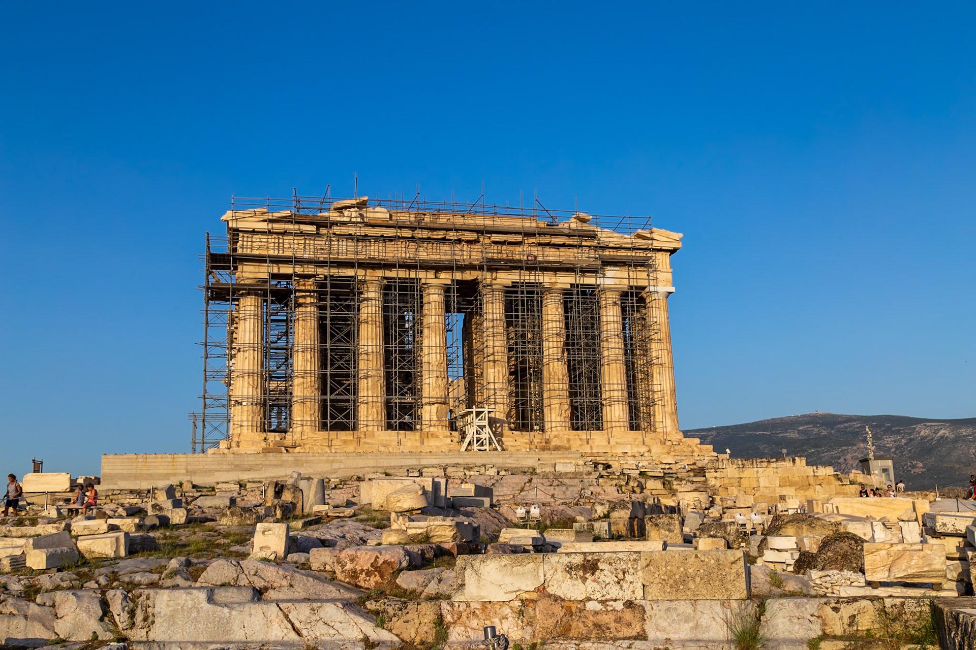 Acropolis, Athens, Greece - May 23rd 2018: The Parthenon stands under scaffolding for restoration, preserving its historical significance for future generations.