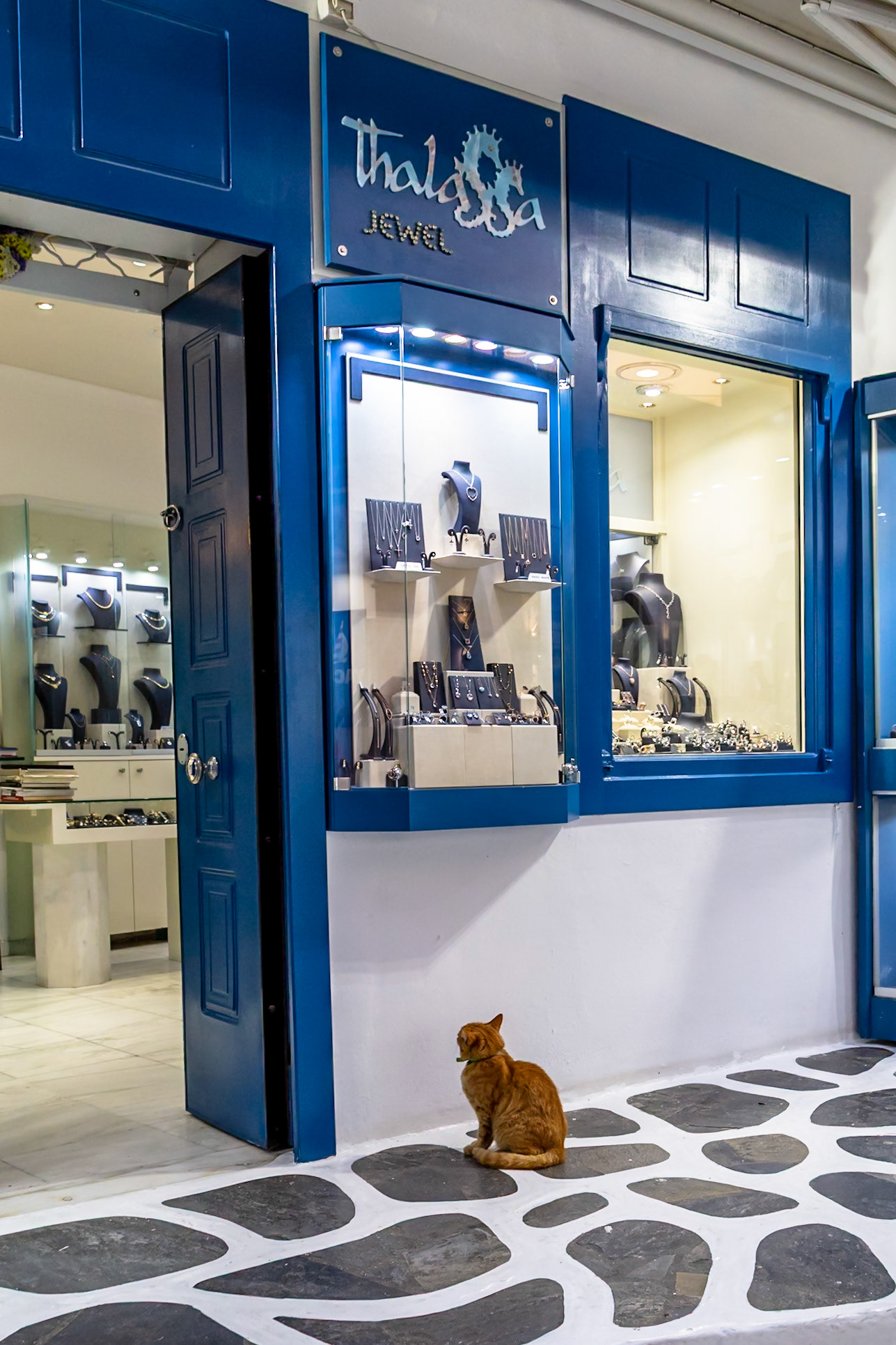 Mykonos, Greece - May 22nd 2018: A ginger cat sits outside Thalassa Jewel, a jewelry store, likely waiting for a snack or some attention.