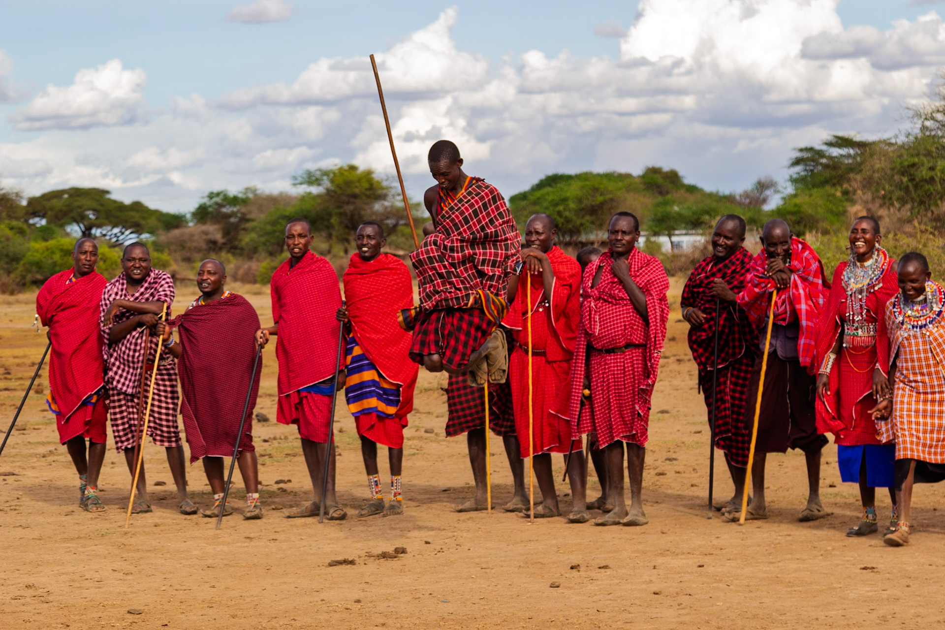 Maasai men in Kenya perform a jumping dance, a traditional display of strength and agility.