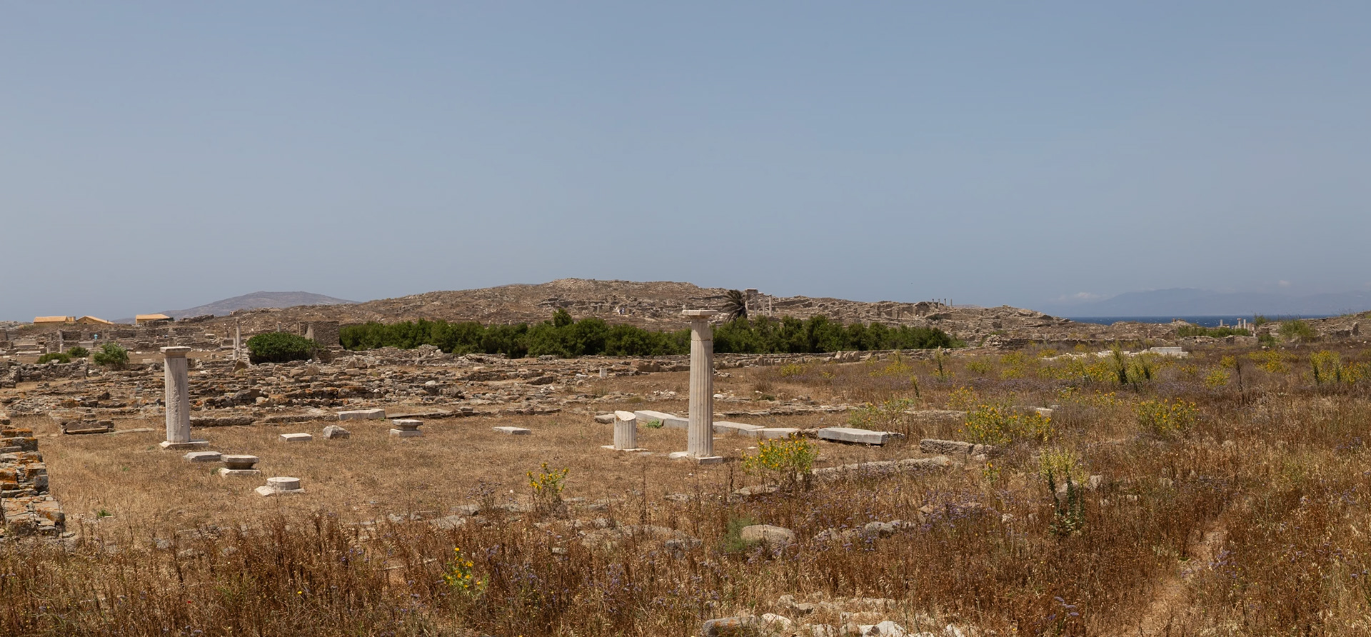 Delos, Greece - May 22nd 2018: Ruins of ancient structures stand on Delos, a Greek island and archaeological site, showcasing its rich history and cultural significance.