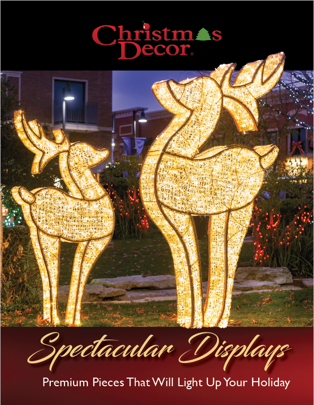 Festive Christmas Decor catalog cover featuring twinkling holiday lights, a beautifully decorated Christmas tree with ornaments and ribbons, and a cozy winter setting in traditional red, green, and gold tones.
