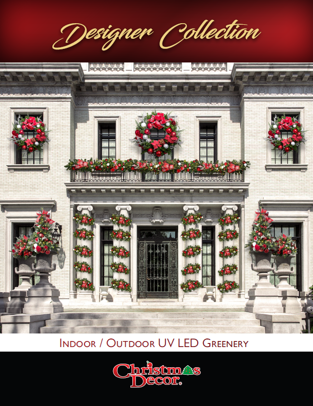 Festive Christmas Decor catalog, Designer Collection, cover featuring twinkling holiday lights, a beautifully decorated Christmas tree with ornaments and ribbons, and a cozy winter setting in traditional red, green, and gold tones.