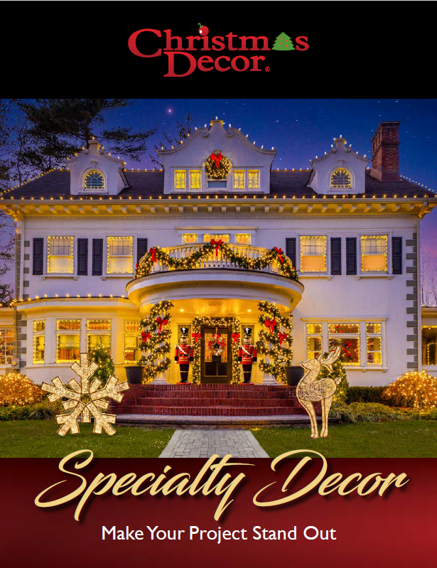 Festive Christmas Decor catalog cover featuring twinkling holiday lights, a beautifully decorated Christmas tree with ornaments and ribbons, and a cozy winter setting in traditional red, green, and gold tones.