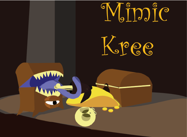 A monstrous treasure chest using it's tongue to hold a leg wearing a boot with the words "Mimic Kree" in the background