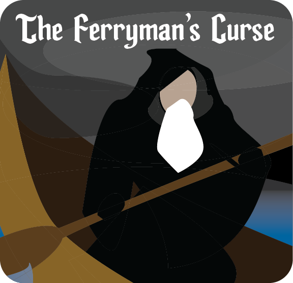 Image of an old man in a rowboat holding an oar with "The Ferryman's Curse" written above him.