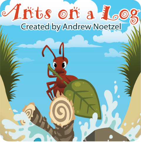 Image of an ant riding a stick using a leaf as an oar with the words "Ants on a log" written above.
