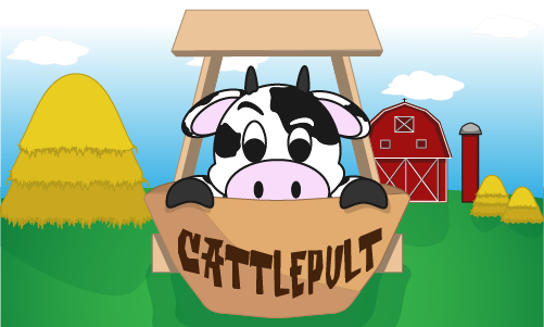 Image of a cow in a catapult with the words "Cattlepult" written on the basket of the catapult.