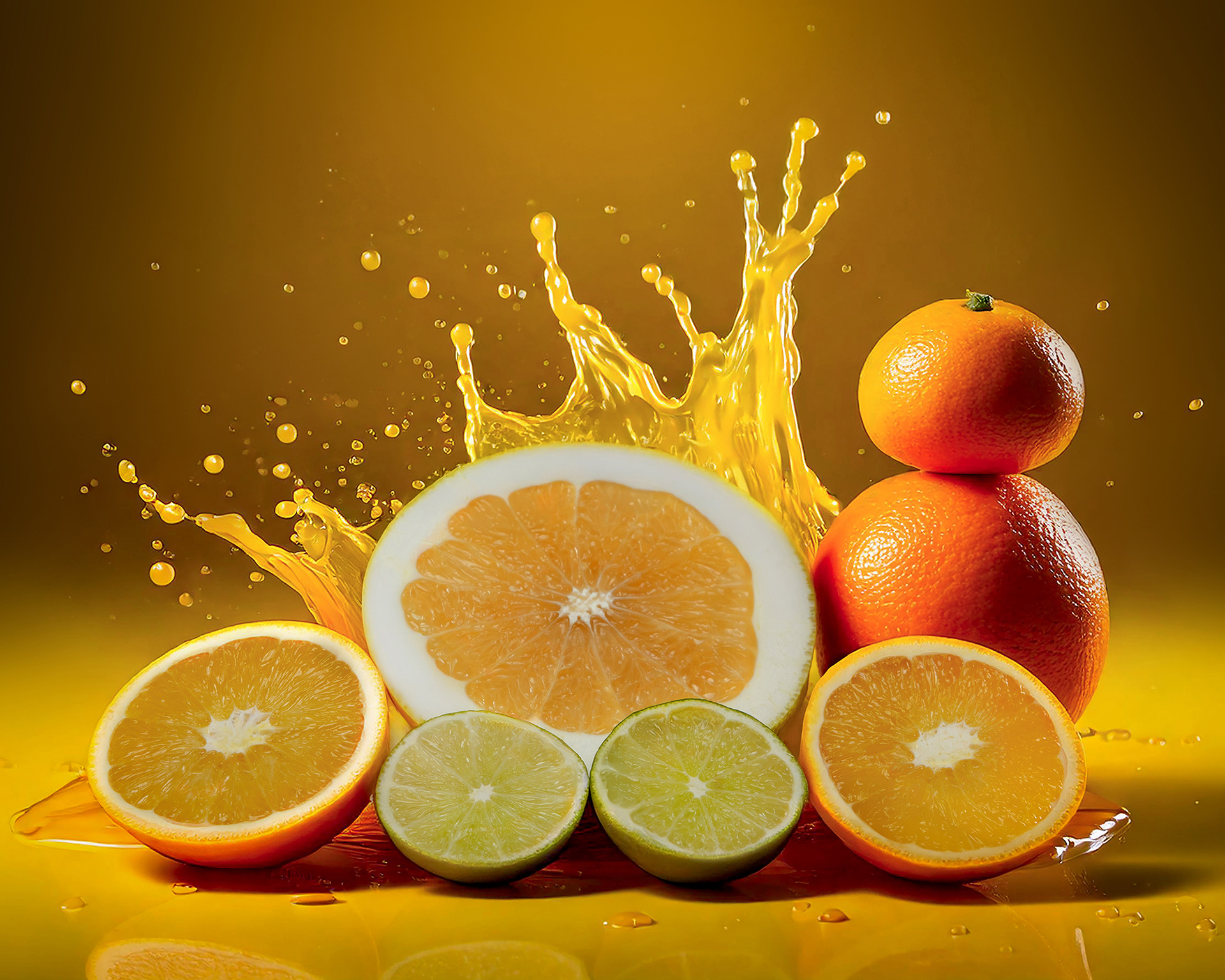 "A vibrant composition featuring a variety of citrus fruits, including oranges, limes, and grapefruits, arranged against a golden background. Some fruits are whole, while others are sliced open, revealing their juicy interiors. A dynamic splash of orange juice erupts behind the fruits, adding an energetic and refreshing feel to the scene."