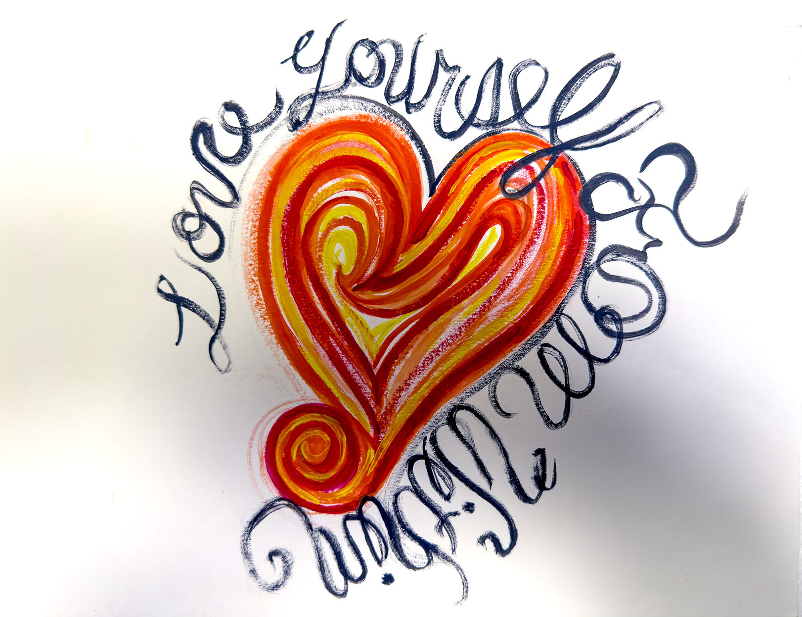 Heart and love yourself from within text painted using gouache