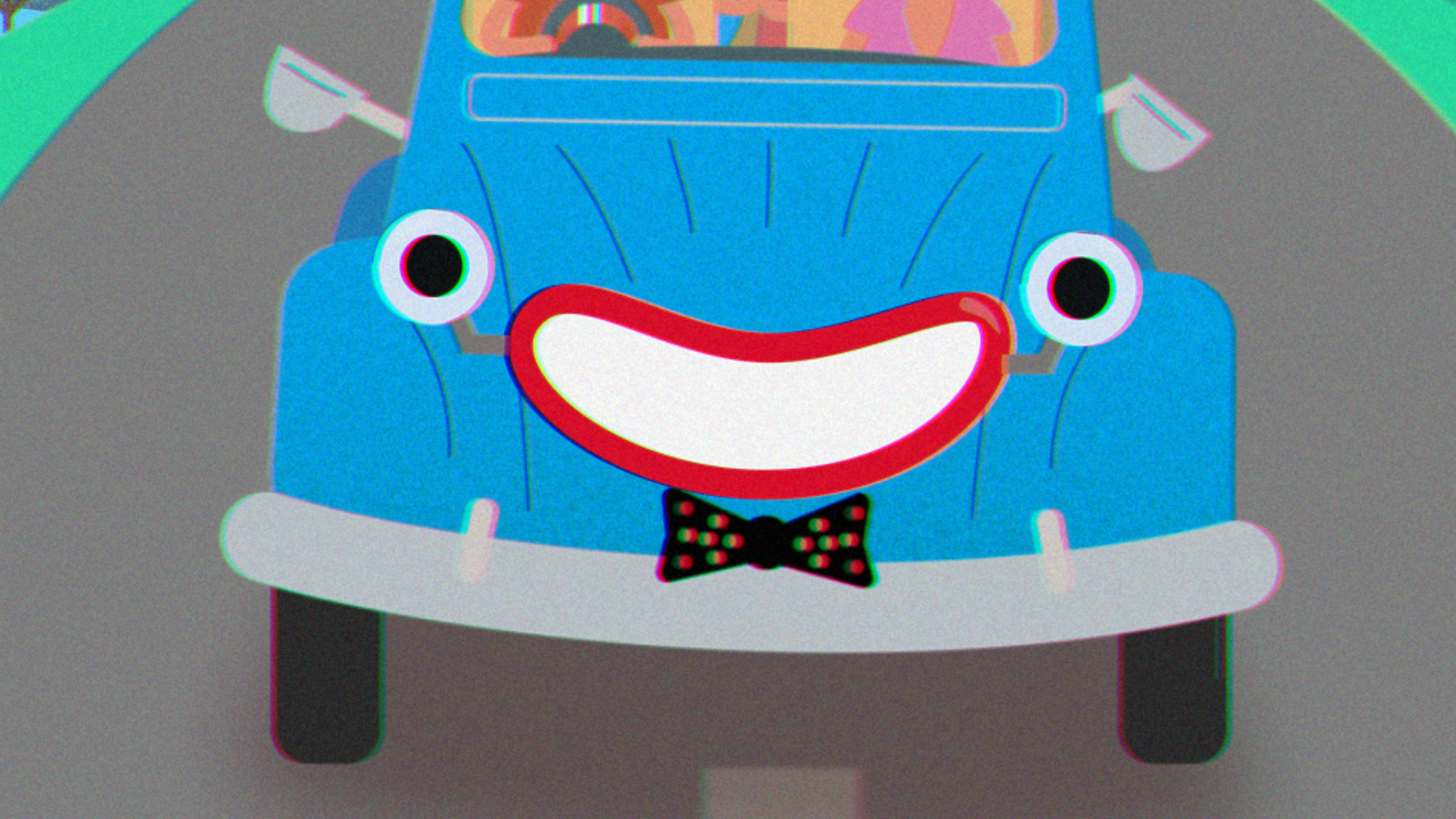 Close up of the car. It has a big smile and wide open eyes, it's wearing a bowtie and the right wing mirror is hanging off.