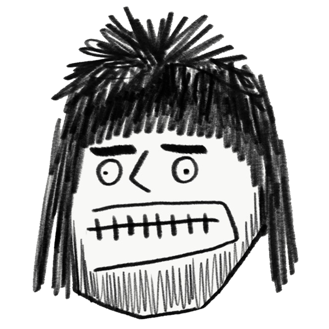 A scratchy portrait of a mans face, he has a mod haircut, googly eyes and a big smile.