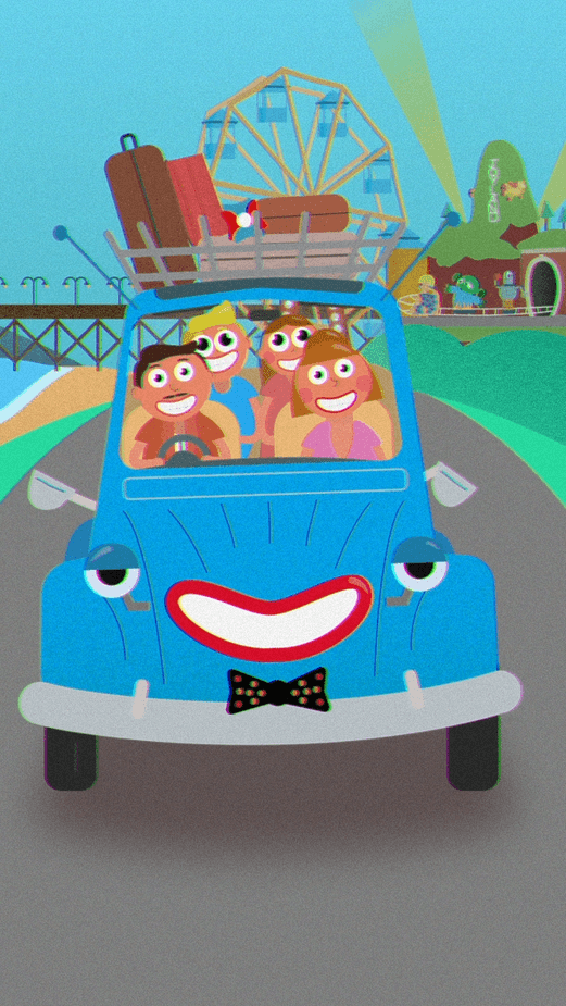 GIF loop of the Spotify canvas. A family of four bounce along a road in a blue car, a seaside destination is seen behind them. Their suitcases slide around on the roof as red arrows fly past in the sky.