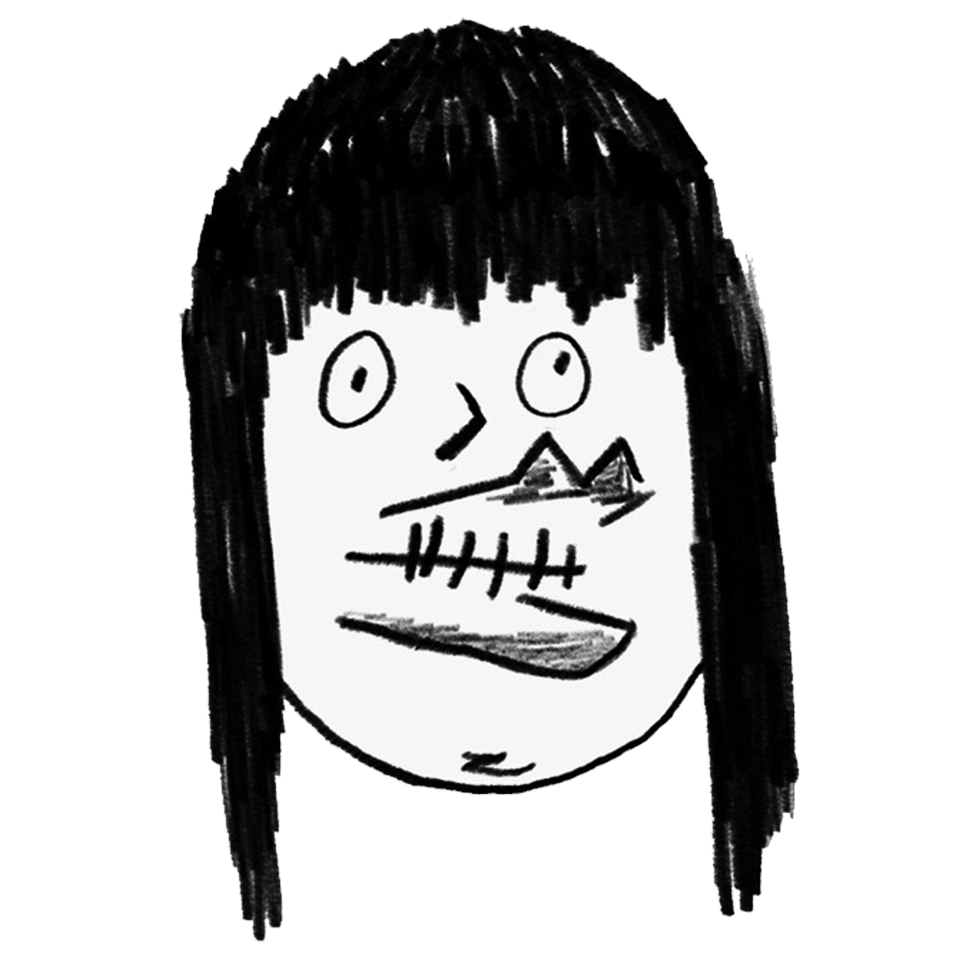 A scribbly portrait of a woman's face, she has long hair with a fringe, googlie eyes and a big smile