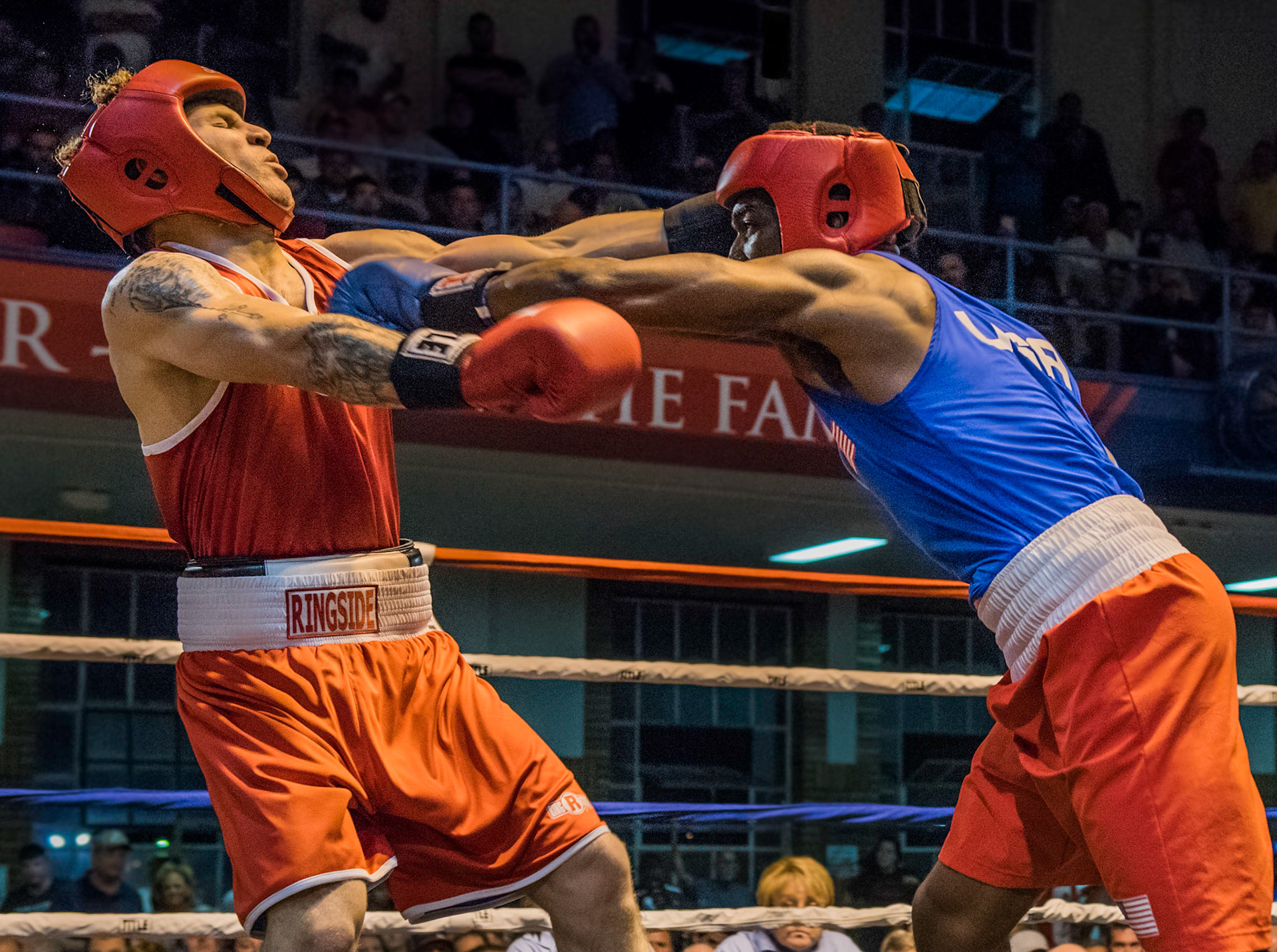 Frank Martin lands a punch on his opponent who he defeated during the Golden Gloves championship at the Tyndall Armory in downtown Indianapolis, Apr. 13th, 2017.