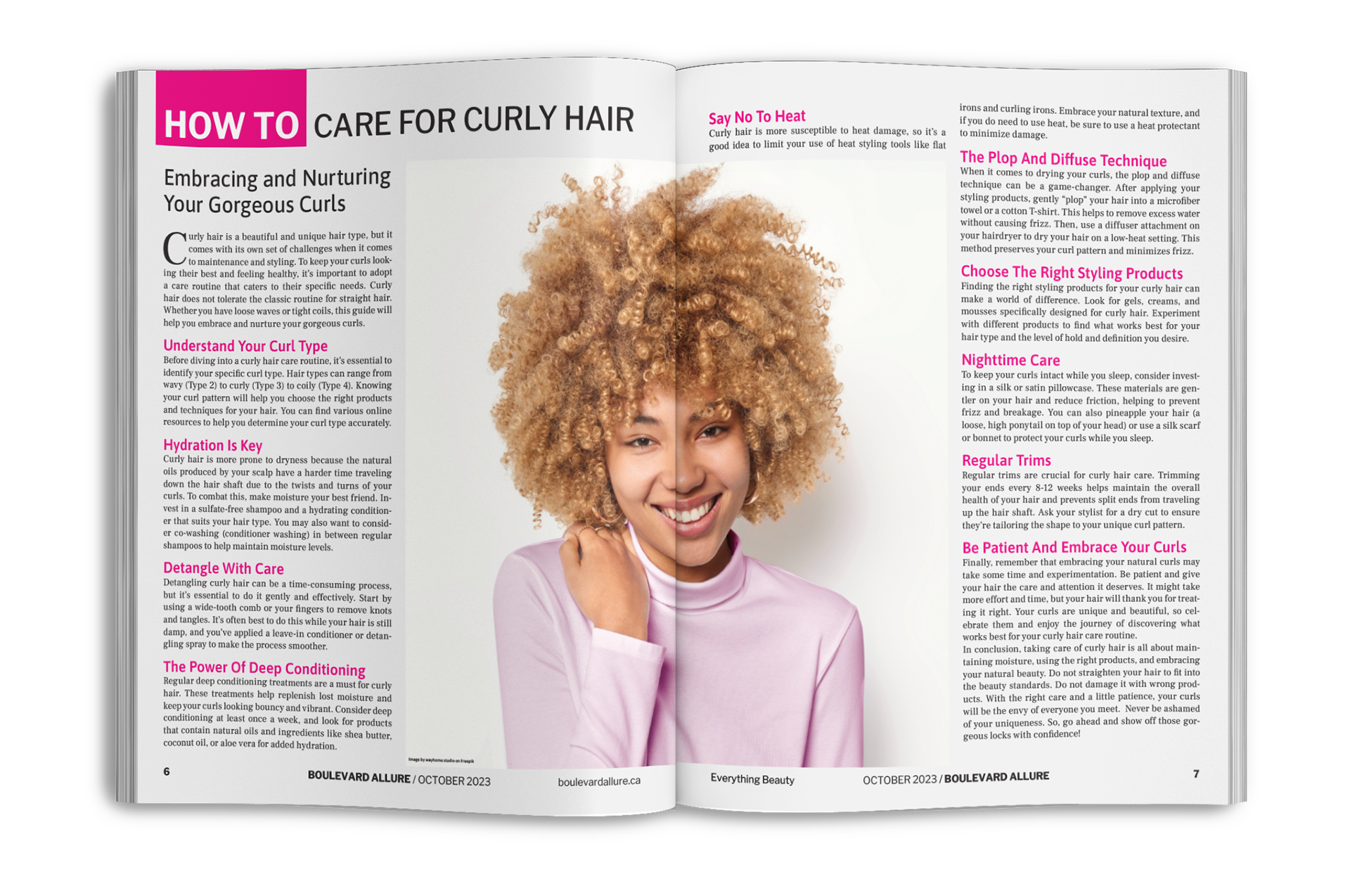 "How to care for curly hair" magazine spread