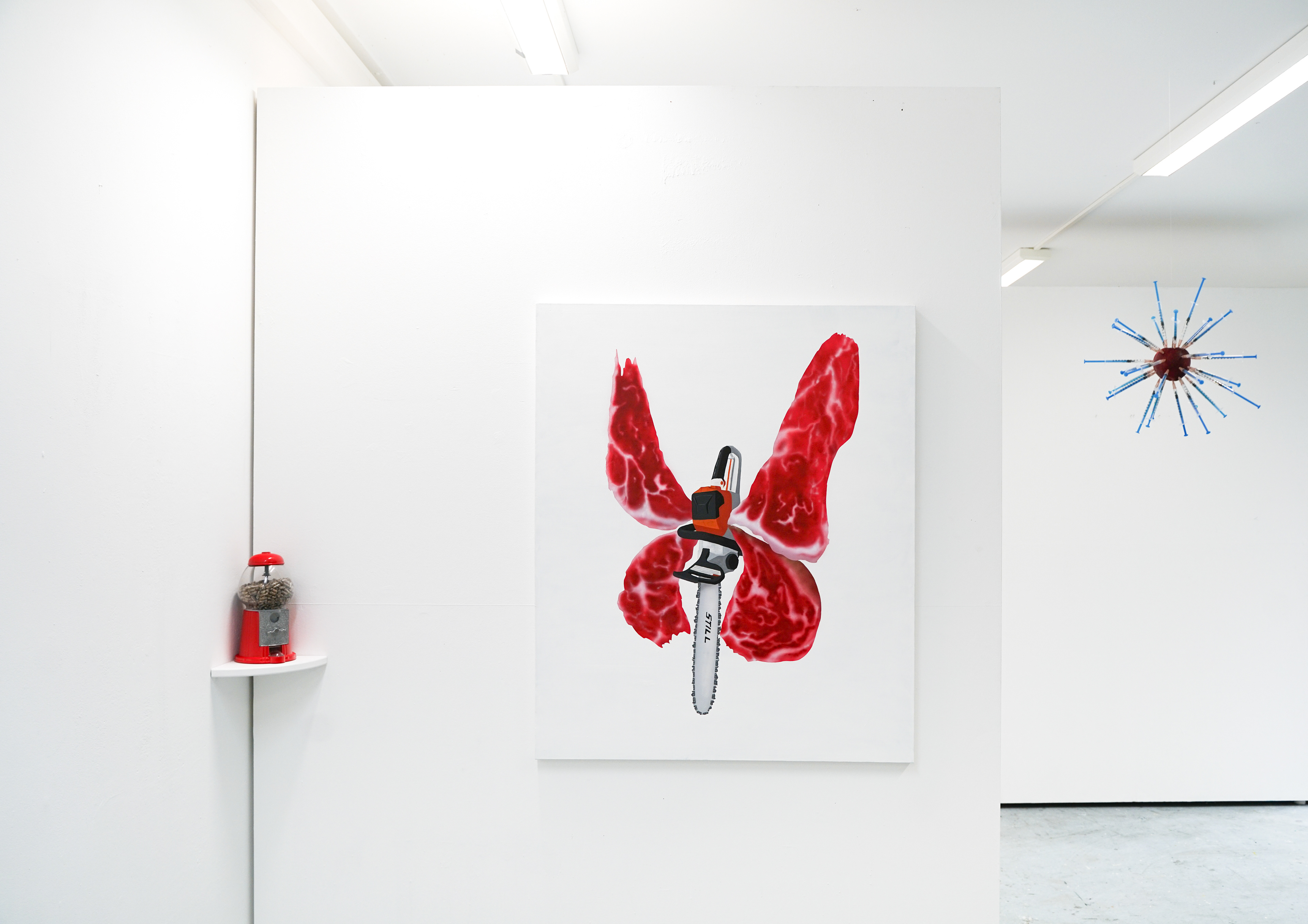 antidote/ airbrush, acrylic on canvas, seed capsules, syringes, gumball machine/ apple/ kassel/ 2024 https://mega.nz/file/J2l3EAxD#o-rzzTGEg97iizKfTzd5D7MAVihYG21rWcsCFUxWlCQ