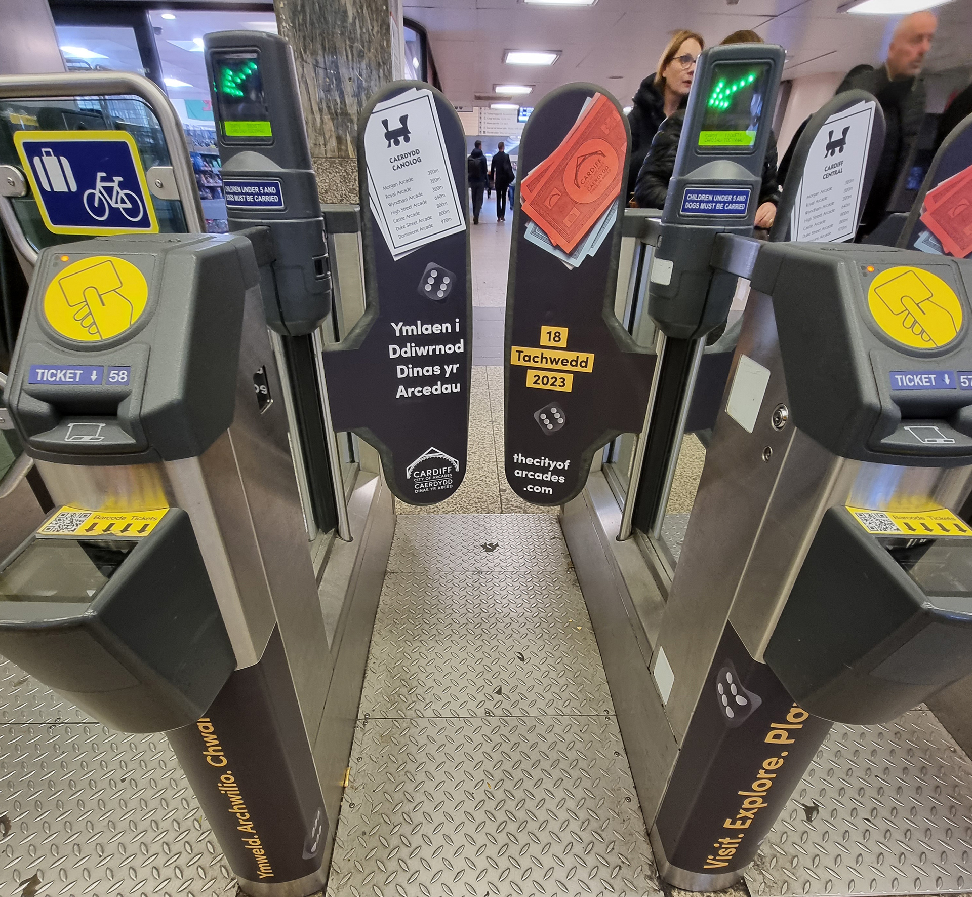 Branded ticket gates at Cardiff Central train station