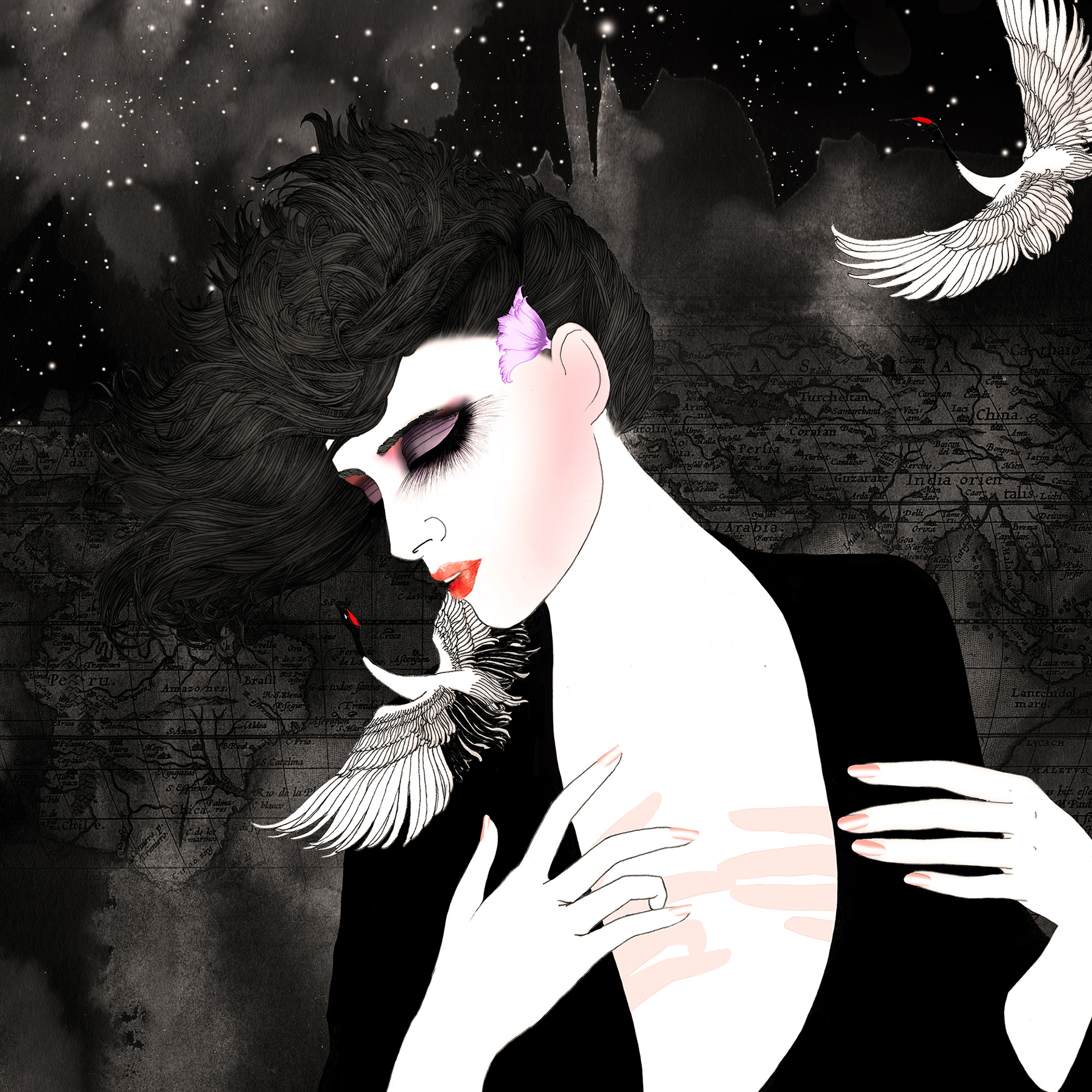 elegant black and white art print representing a women with birds