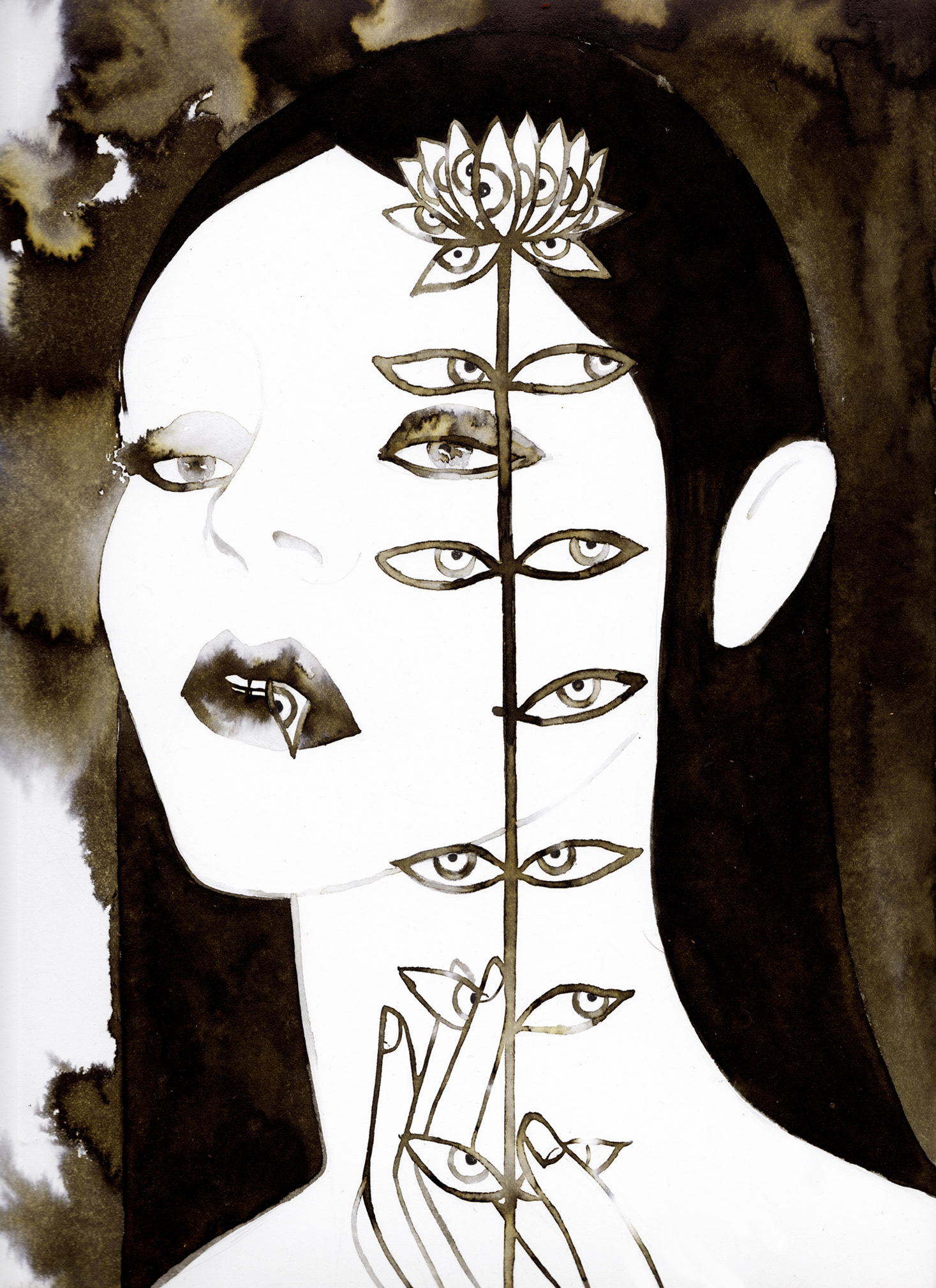 surreal ink drawing woman portrait with flower