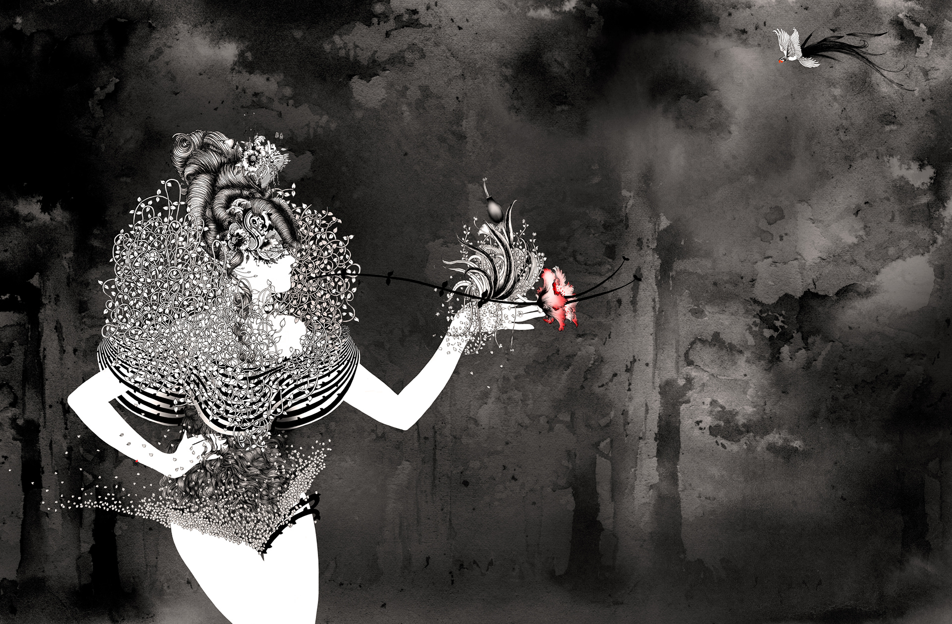black and white art print representing a women with bird