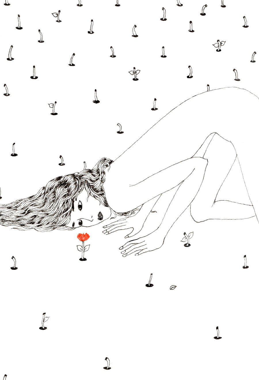 surreal mini size hand drawing on paper of a girl with flowers