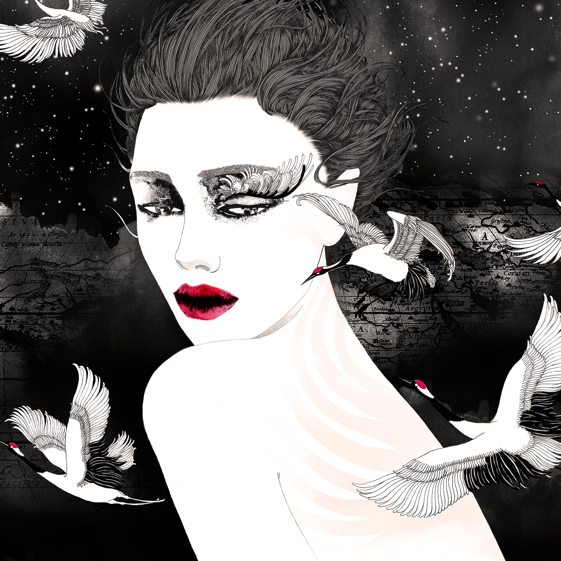 black and white art print representing a women with birds
