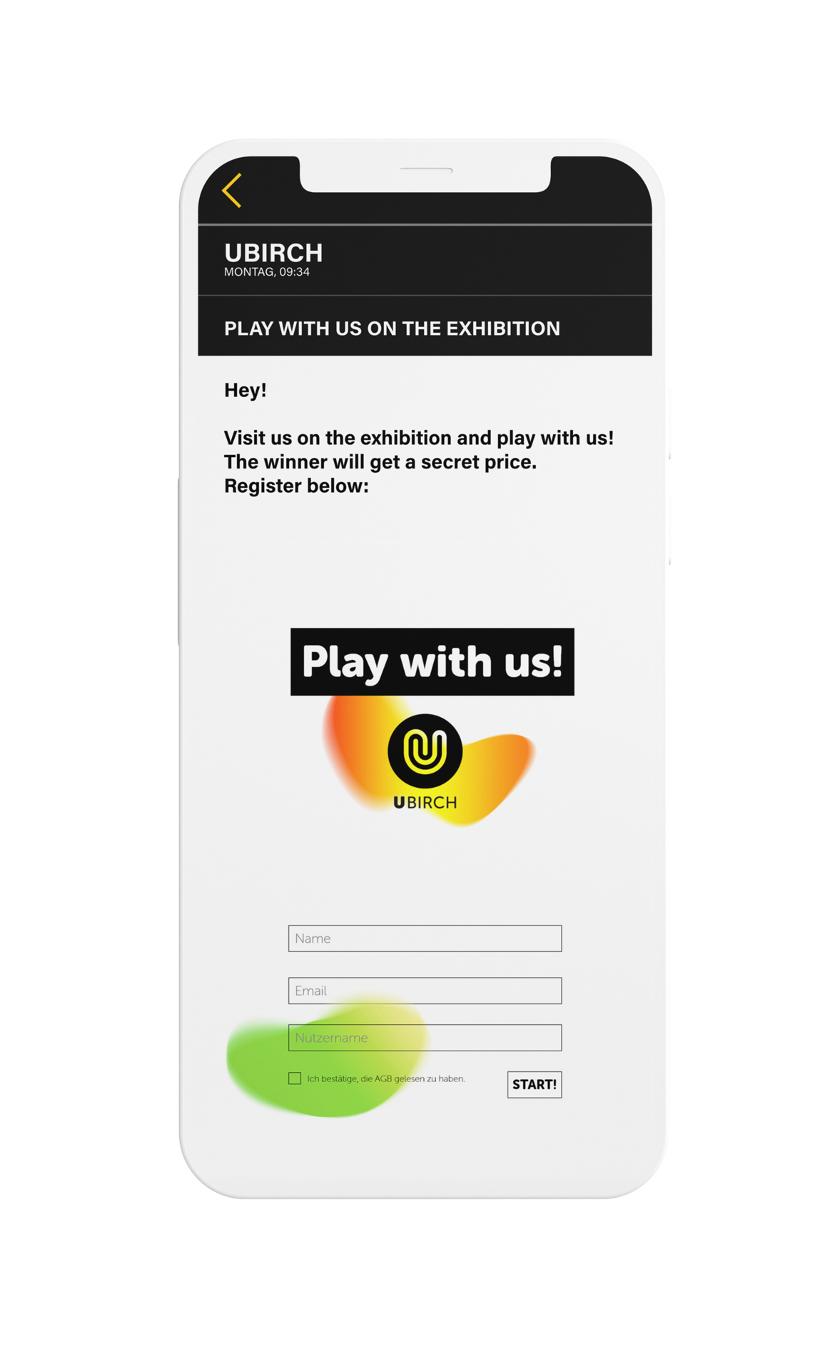 Smartphone mockup with an email interface showing the invitation text and input field to registrate for the challenge.