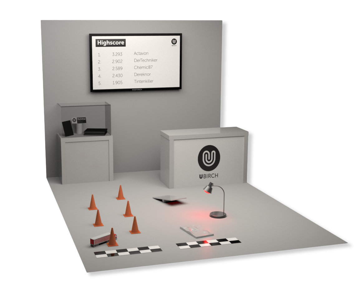 3D rendered visualization of an exhibition booth. The booth consists of a parkour for rc cars with different obstacles like traffic cones and ramps. On the wall is a scoreboard. In front of the scoreboard is a counter and a showcase with the prices.