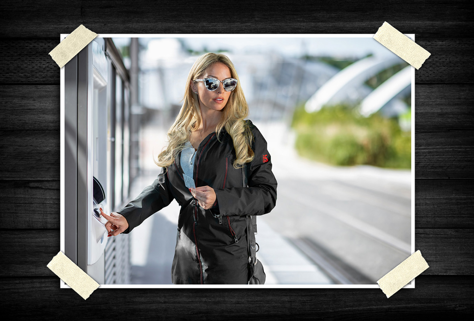 Fashion-focused imagery combining functionality with modern city environments.