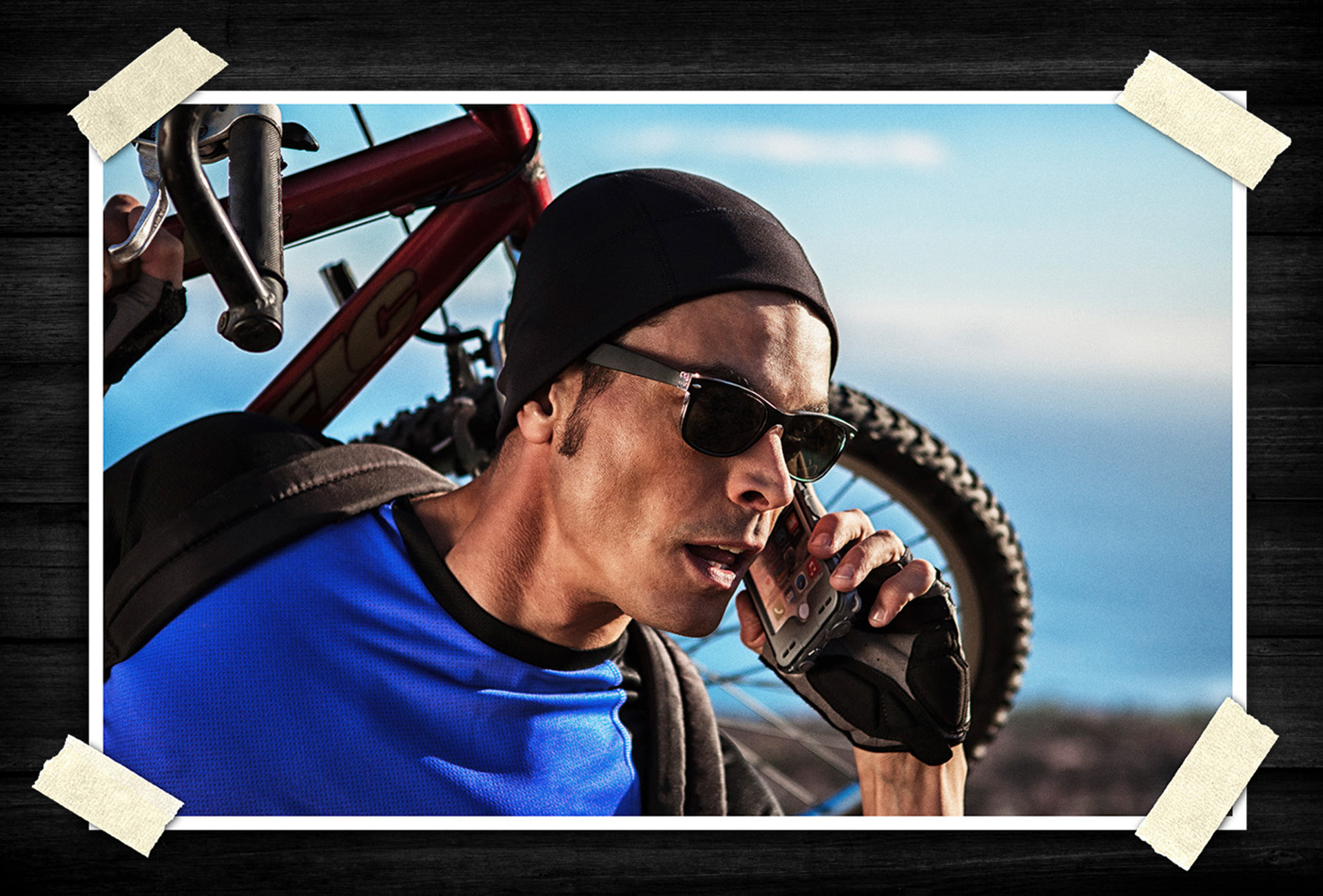Lifestyle commercial imagery focused on mobility and connectivity during outdoor activity, combining action, product integration, and environmental storytelling.