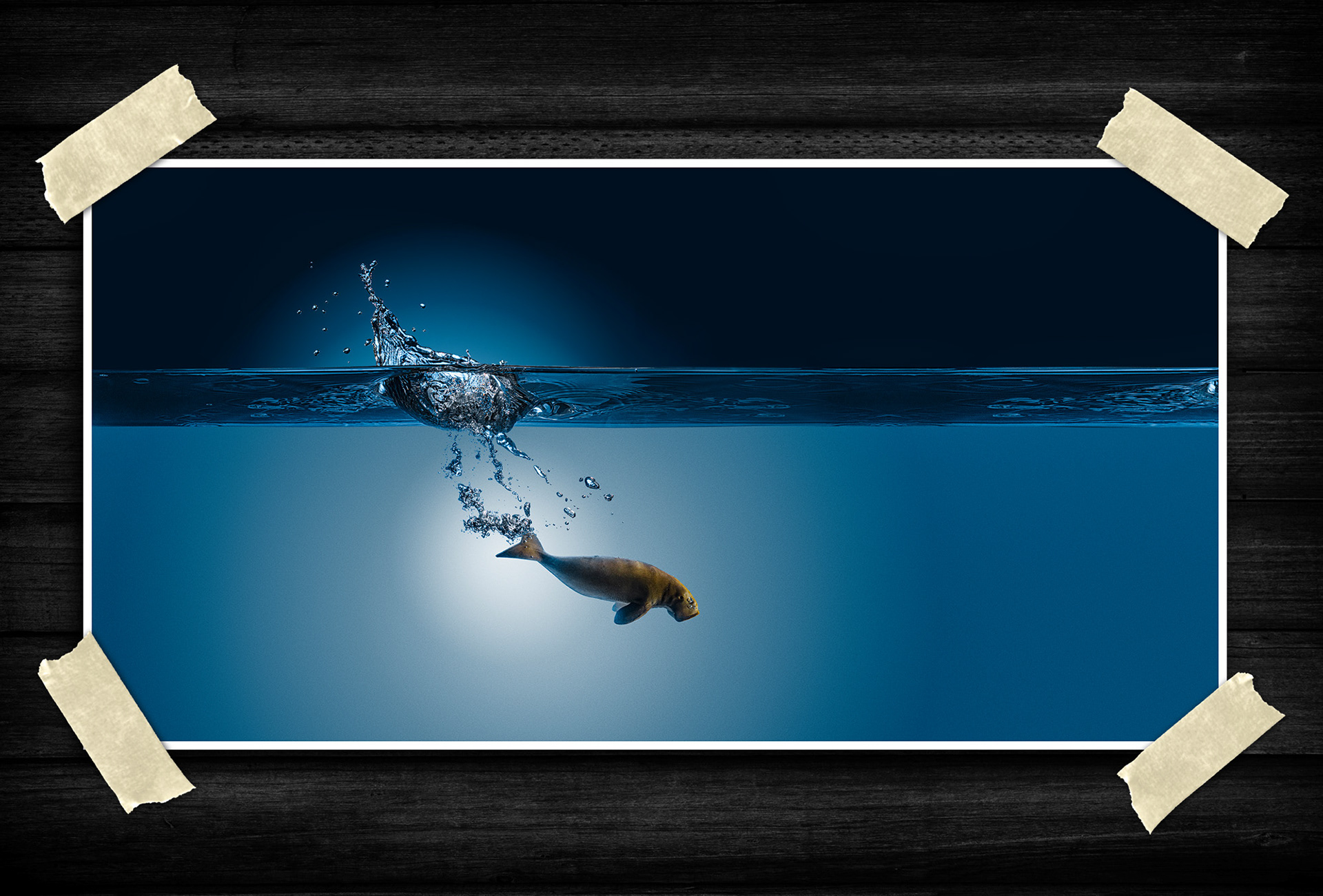 A stylized underwater image showing a marine animal swimming beneath the water surface while a dramatic splash and ripples appear above it. The scene uses a blue gradient background with high-contrast lighting, creating a clean, commercial-advertising look.