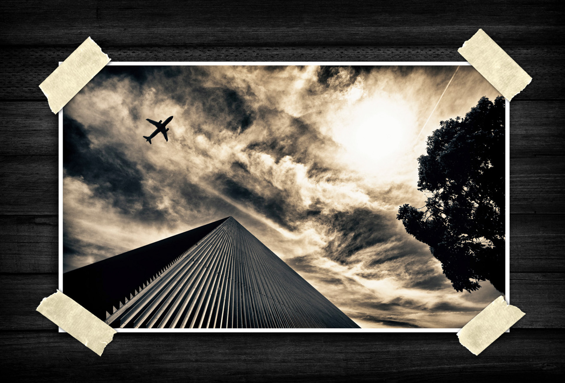 A tall ribbed building rises sharply from the lower frame toward the center, creating strong leading lines and a sense of scale. Above it, textured clouds fill the sky while the bright sun creates an intense glow. A silhouetted airplane crosses the upper-left area, and a dark tree silhouette frames the right side.