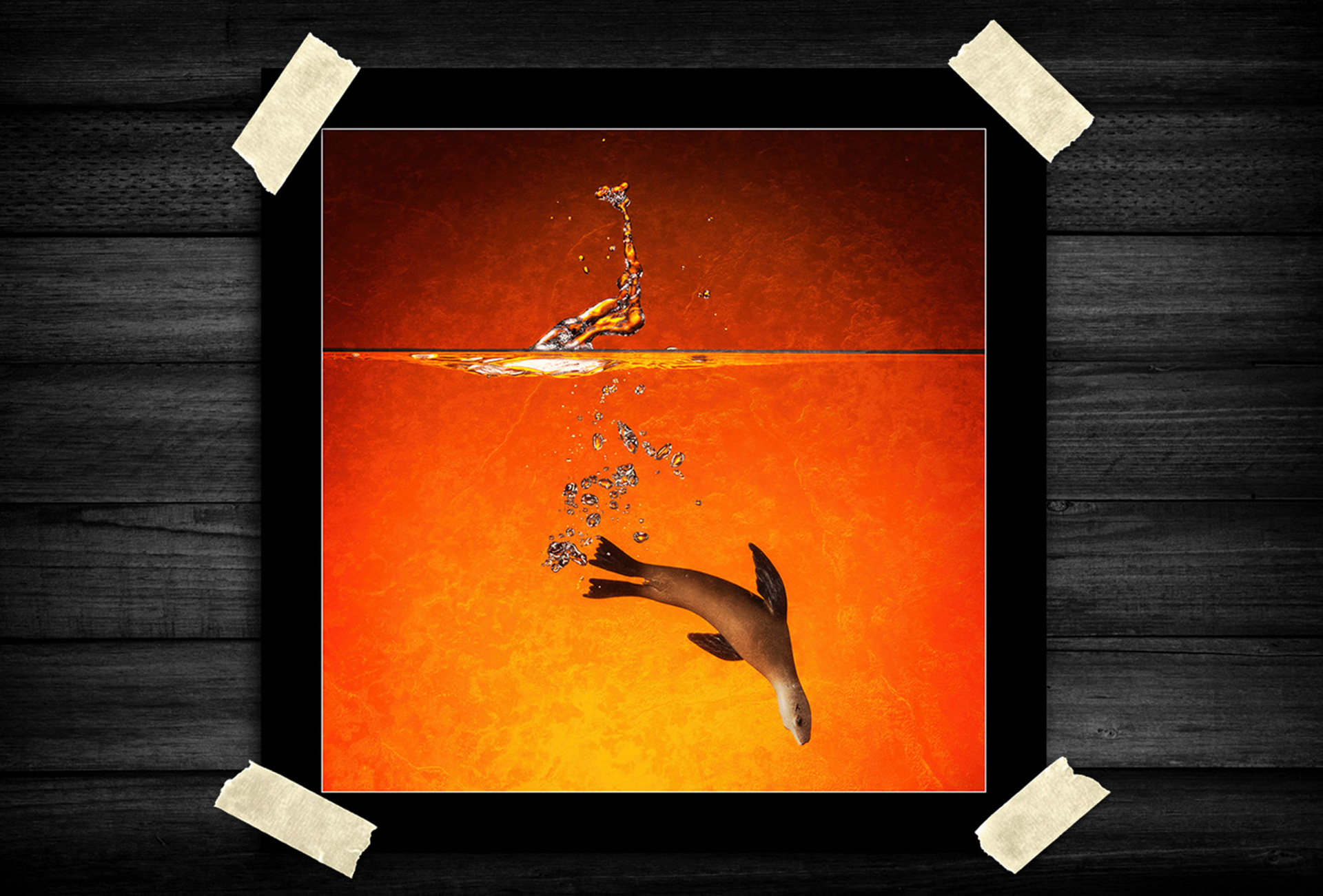 A minimalist underwater composition uses warm tones, fluid motion, and open space to create a calm yet dramatic visual balance. Suspended bubbles and soft gradients add a sense of movement and quiet depth.