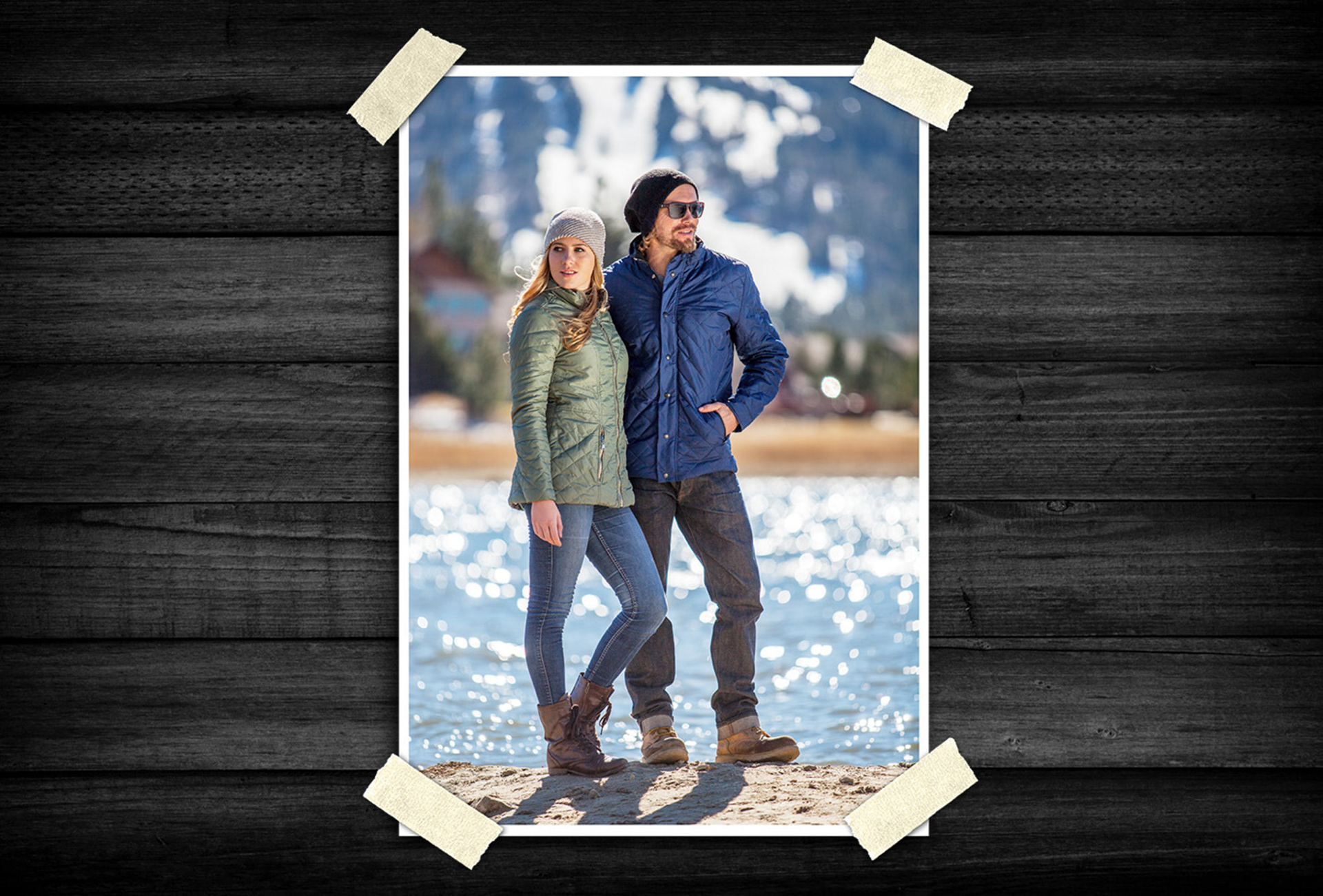 Lifestyle outdoor portrait highlighting winter apparel in a natural alpine setting.