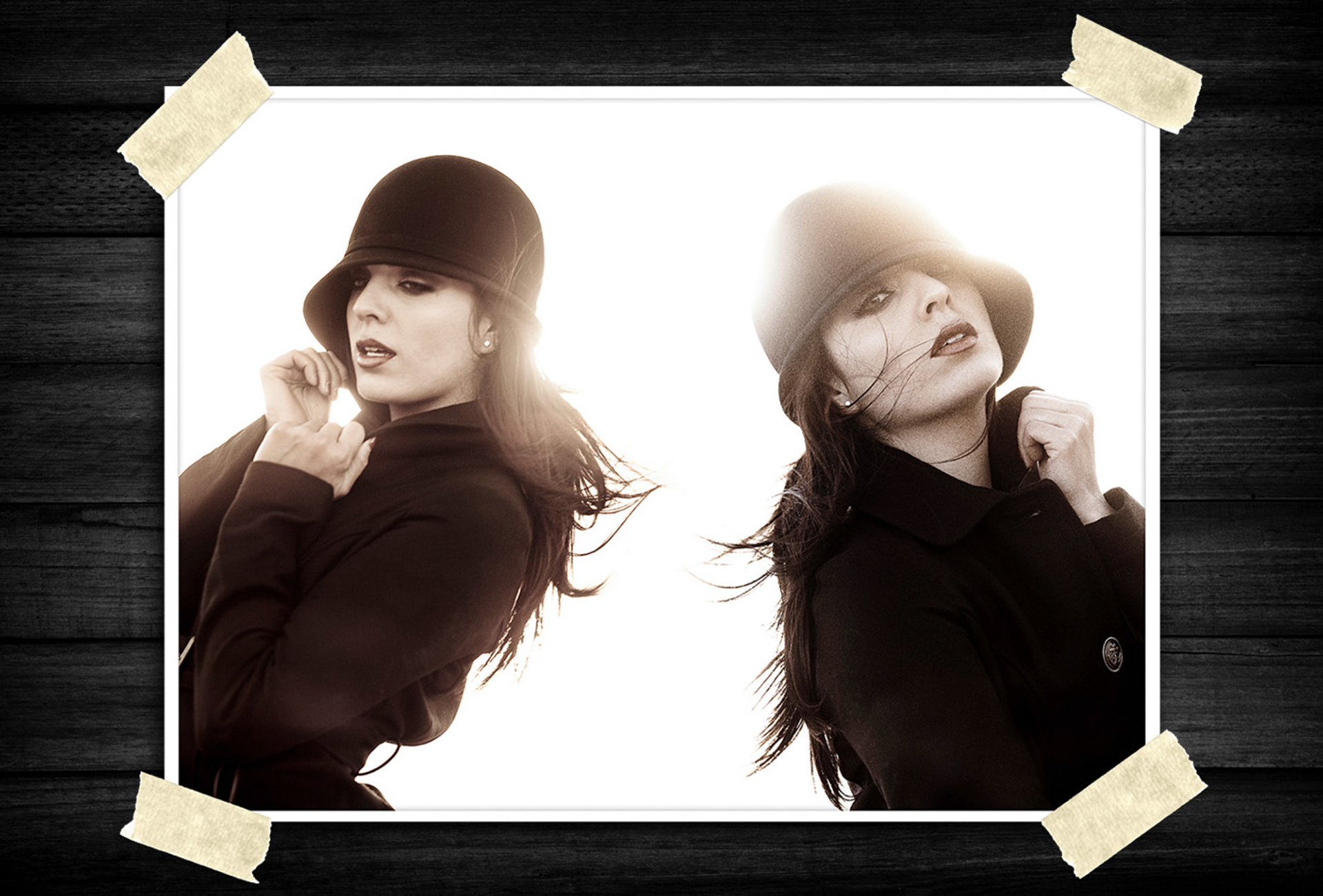 Dual fashion portrait featuring a woman in a black cloche hat and dark coat, posed in two elegant expressions with soft backlighting and a high-fashion editorial style.