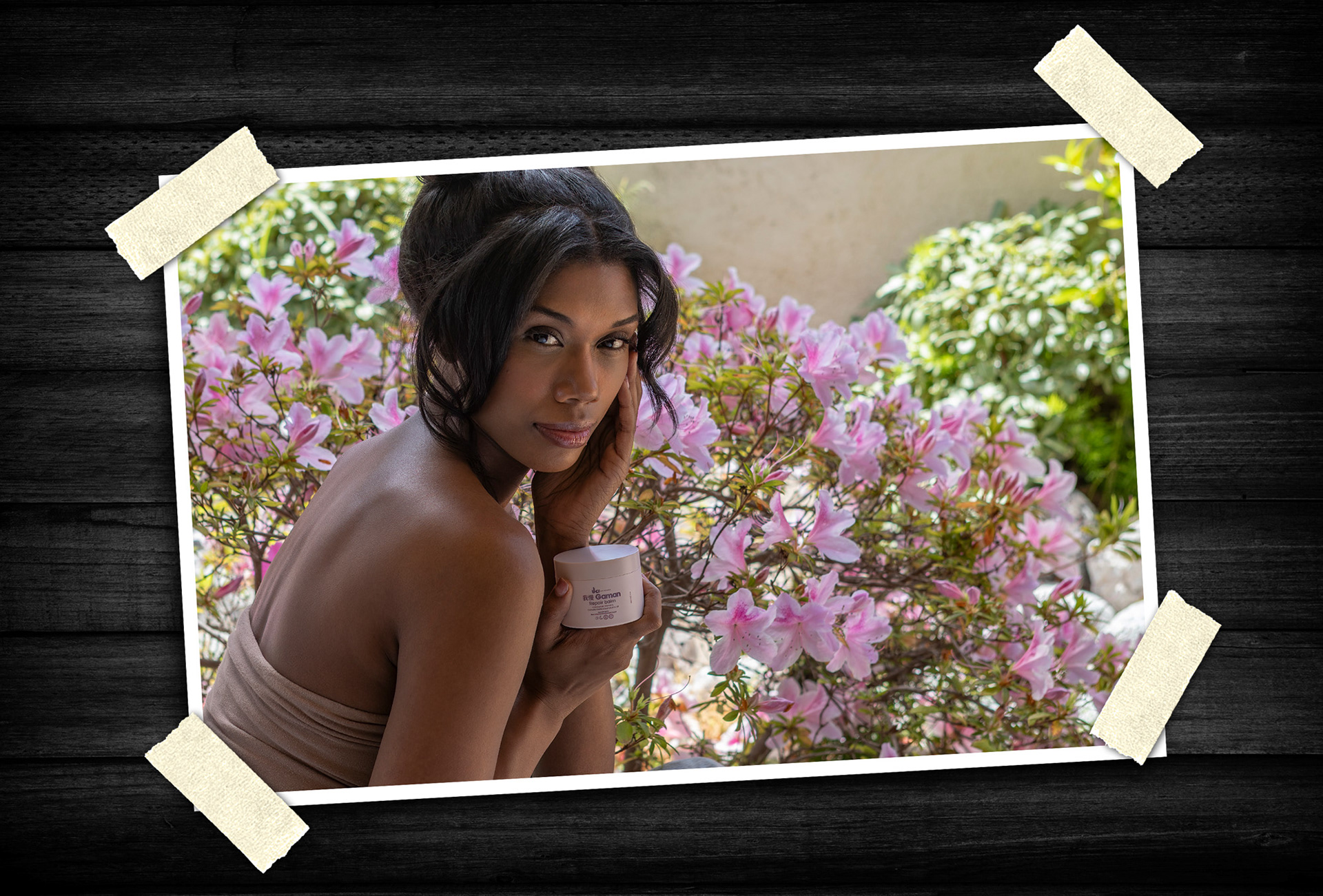Beauty campaign imagery blending natural elements and product presentation to create an elegant, organic feel.