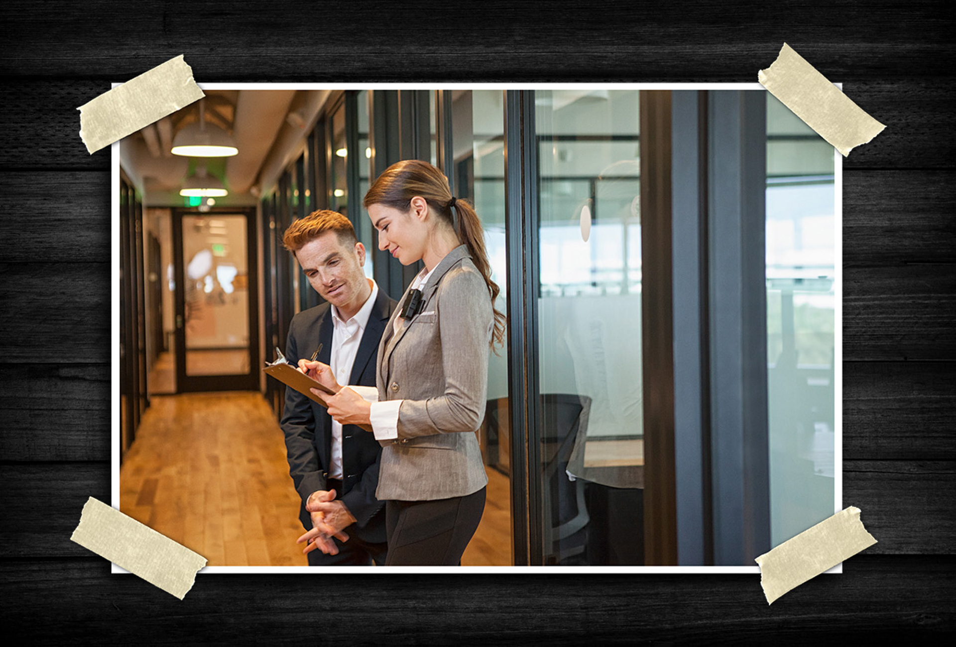 Professional workplace imagery showing product functionality in business environments.