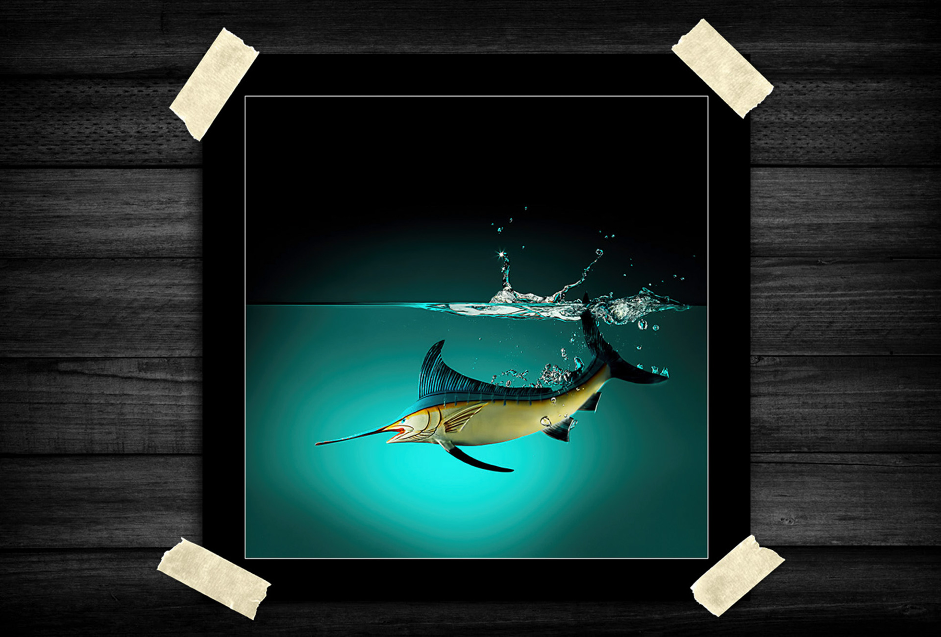A sleek underwater composition combines motion, contrast, and vibrant color to create a feeling of speed and precision. Ripples and suspended droplets add energy while the minimalist backdrop enhances its dramatic presence.