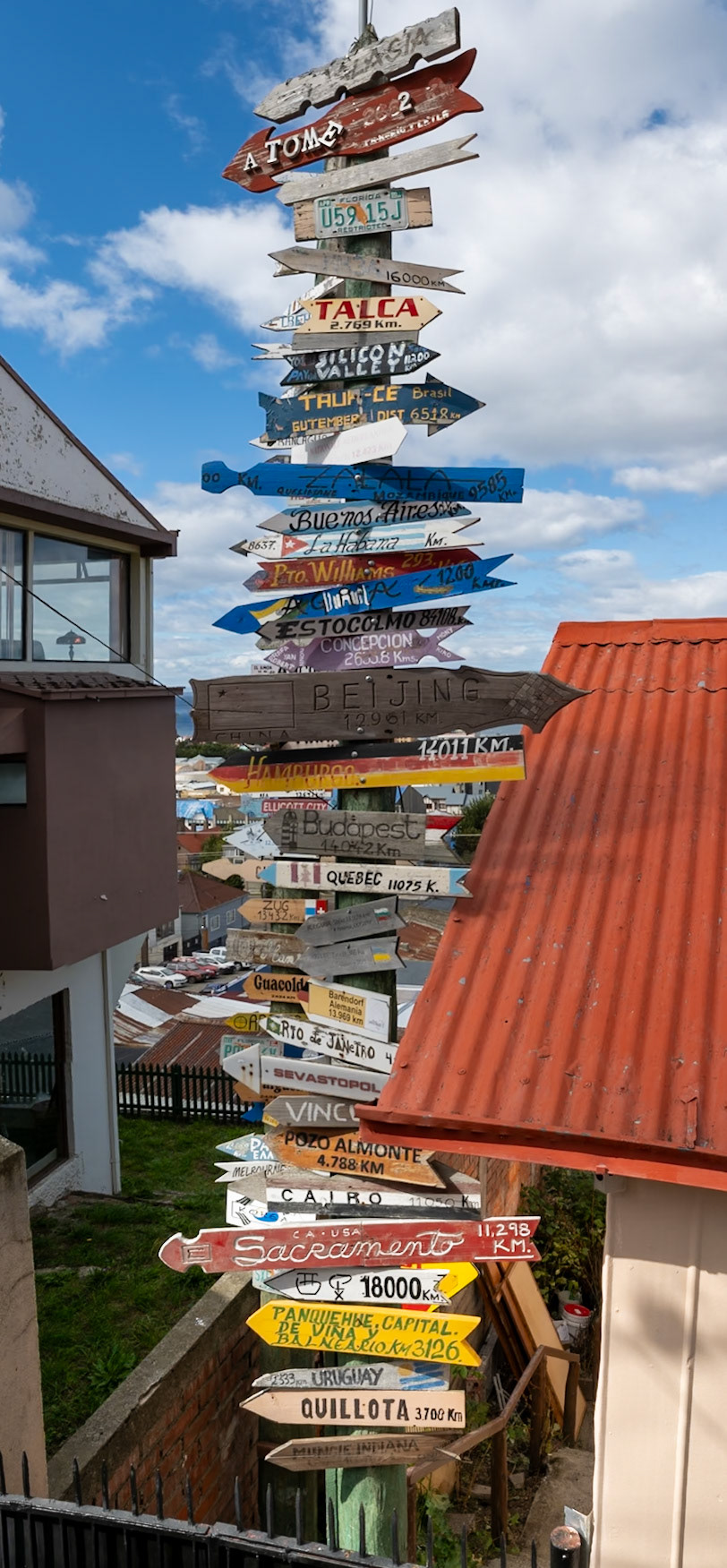 global signpost near the top of the hill in Punta Arenas