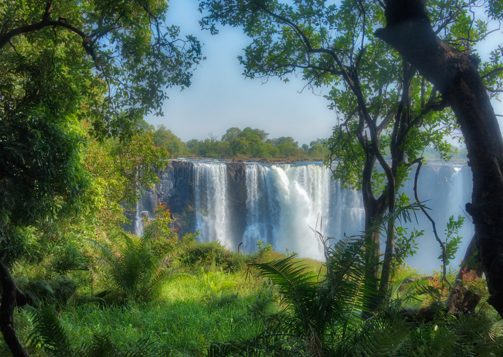 Mist and trees frame a view of Victoria Falls