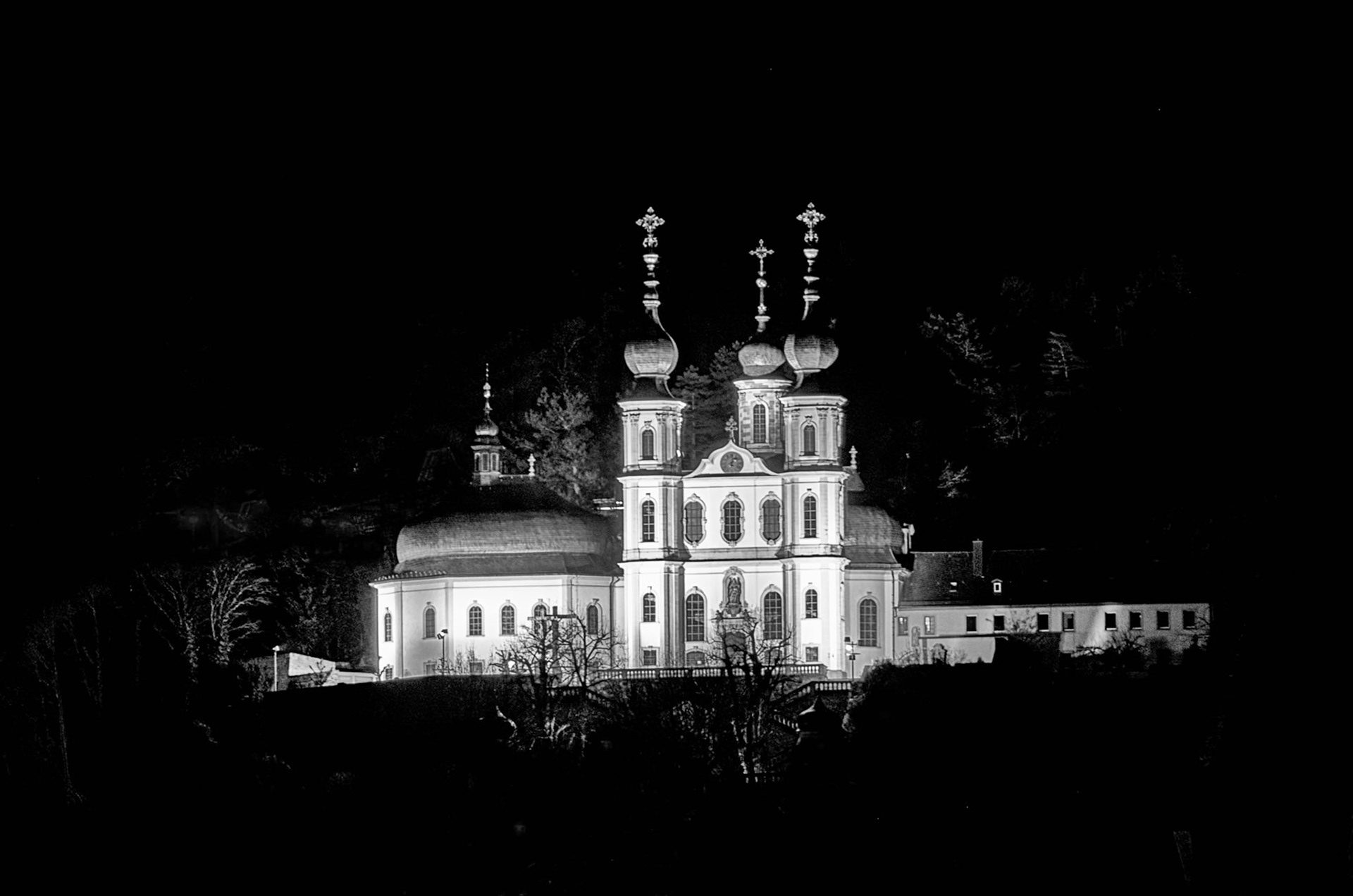 Würzburg Käppele up river from Fortress Marienberg on the Main River, Germany